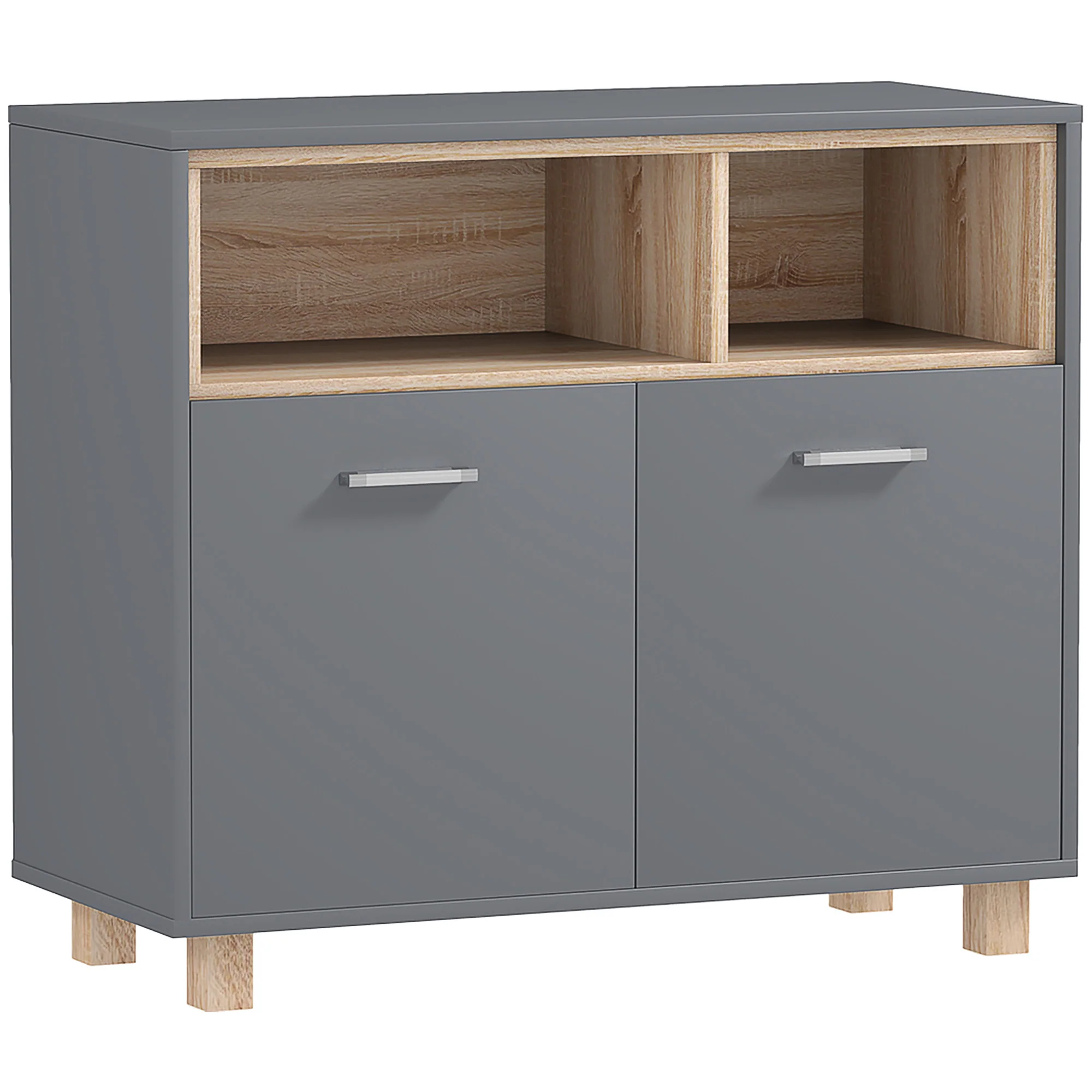 Meuble salle de bain rangement, meuble de rangement style moderne avec compartiments ouverts et portes doubles, armoire pour salle de bain, salon, cuisine - 80l x 35P x 70H cm, gris - Image 2