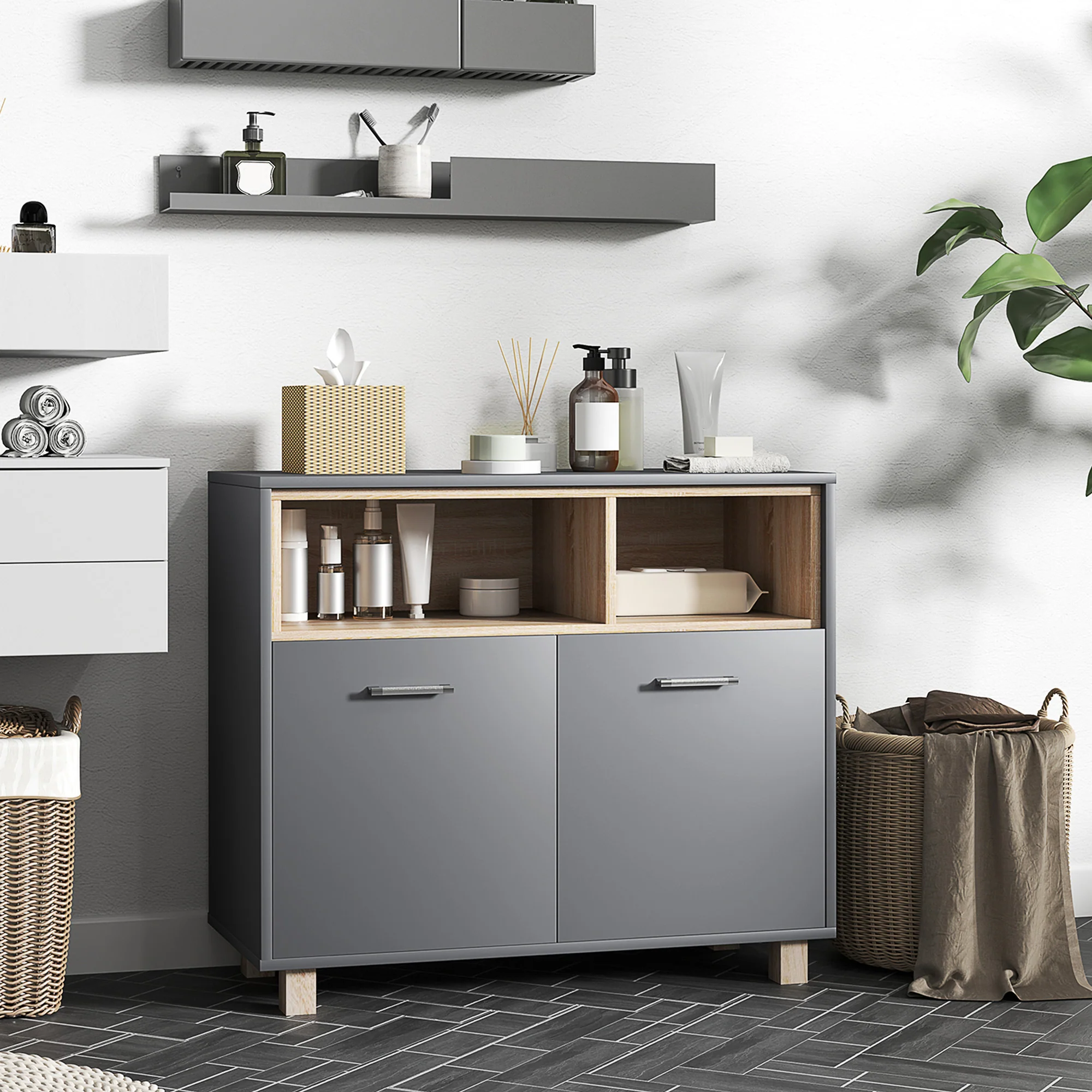 Meuble salle de bain rangement, meuble de rangement style moderne avec compartiments ouverts et portes doubles, armoire pour salle de bain, salon, cuisine - 80l x 35P x 70H cm, gris - Image 3