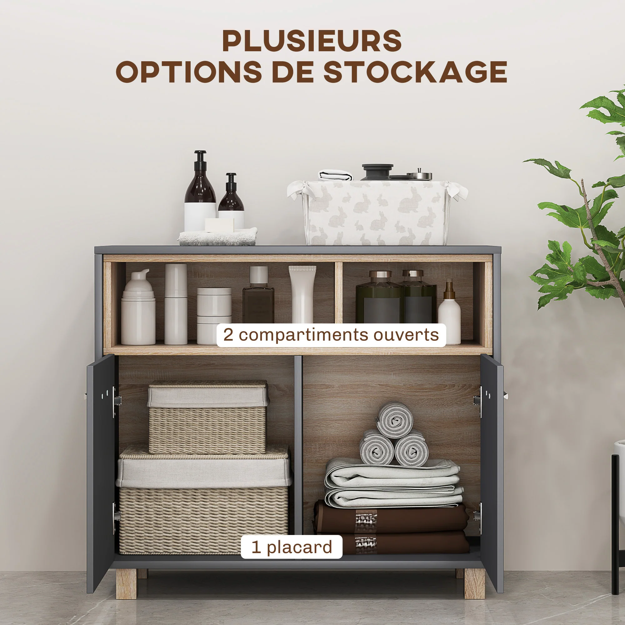 Meuble salle de bain rangement, meuble de rangement style moderne avec compartiments ouverts et portes doubles, armoire pour salle de bain, salon, cuisine - 80l x 35P x 70H cm, gris - Image 5