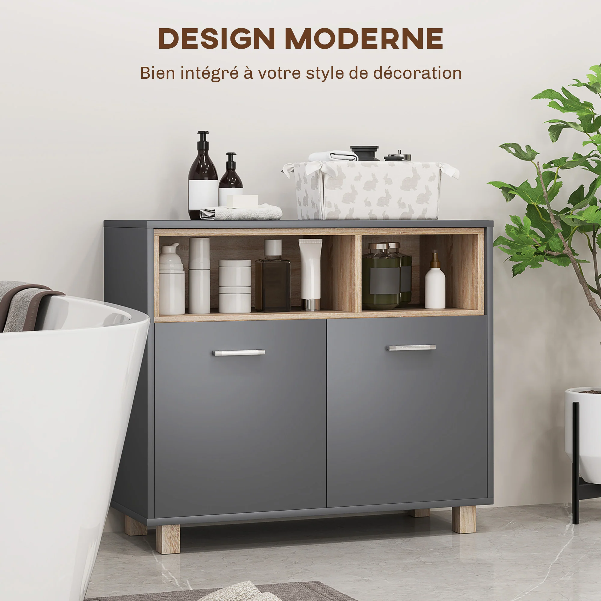 Meuble salle de bain rangement, meuble de rangement style moderne avec compartiments ouverts et portes doubles, armoire pour salle de bain, salon, cuisine - 80l x 35P x 70H cm, gris - Image 6
