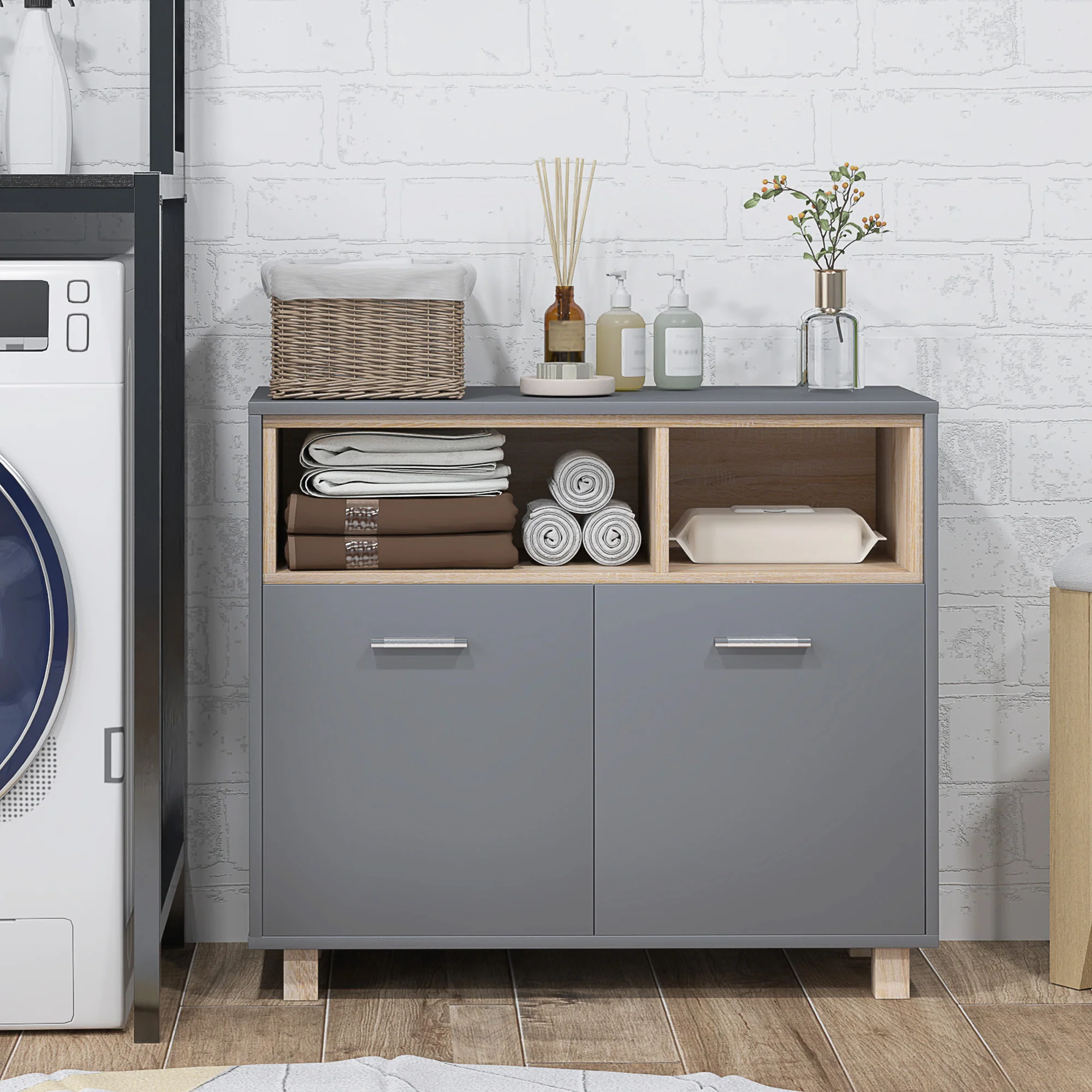Meuble salle de bain rangement, meuble de rangement style moderne avec compartiments ouverts et portes doubles, armoire pour salle de bain, salon, cuisine - 80l x 35P x 70H cm, gris - Image 8