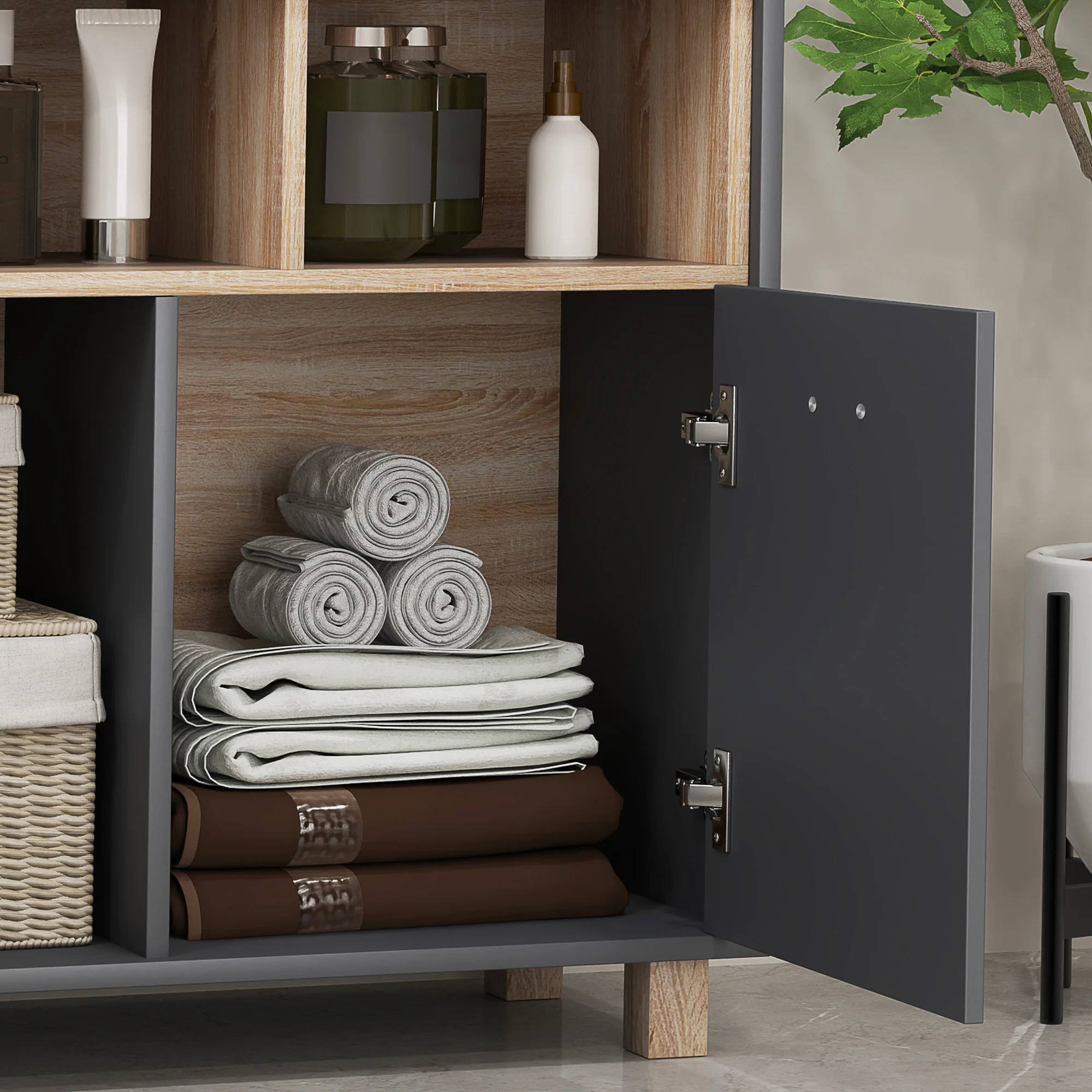 Meuble salle de bain rangement, meuble de rangement style moderne avec compartiments ouverts et portes doubles, armoire pour salle de bain, salon, cuisine - 80l x 35P x 70H cm, gris - Image 9