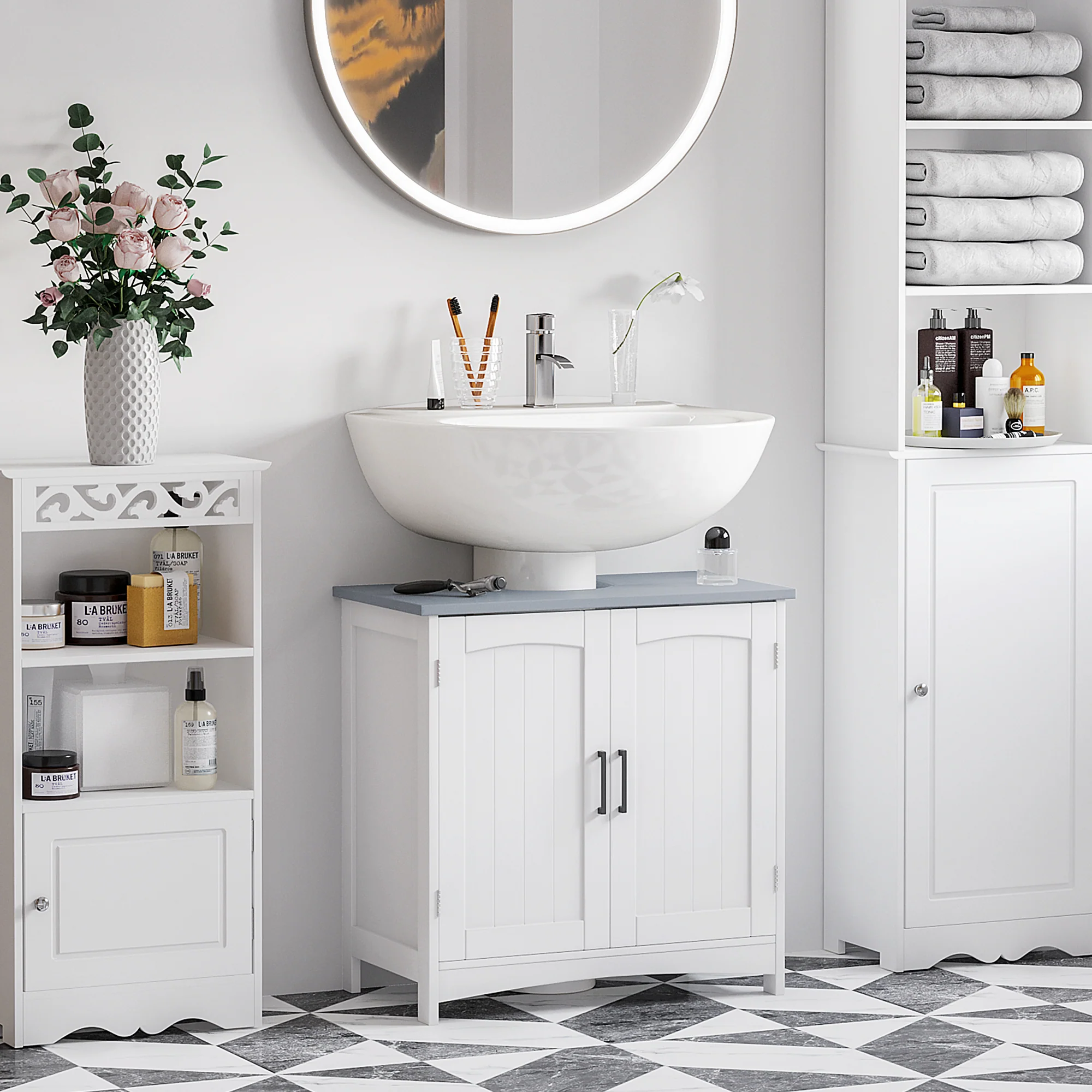 Meuble salle de bain sous lavabo, meuble sous lavabo avec double portes, étagère réglable, 60 x 33 x 60 cm, blanc - Image 3