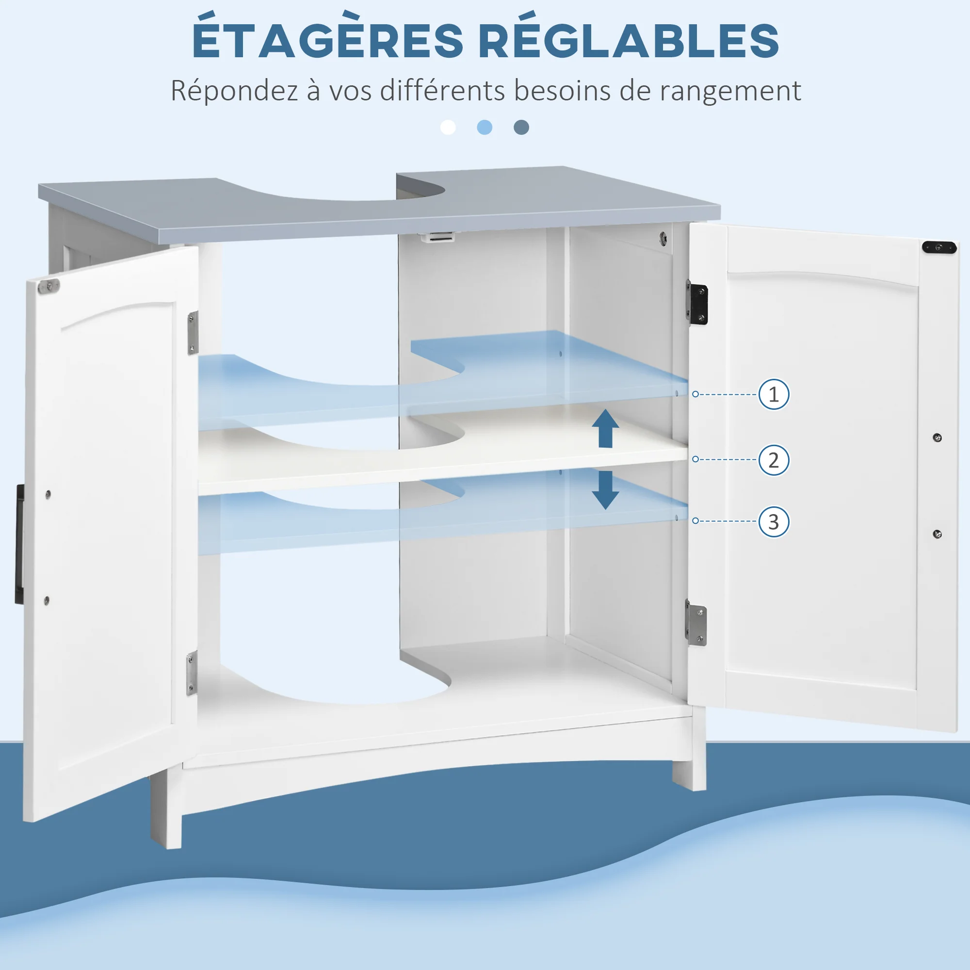 Meuble salle de bain sous lavabo, meuble sous lavabo avec double portes, étagère réglable, 60 x 33 x 60 cm, blanc - Image 6