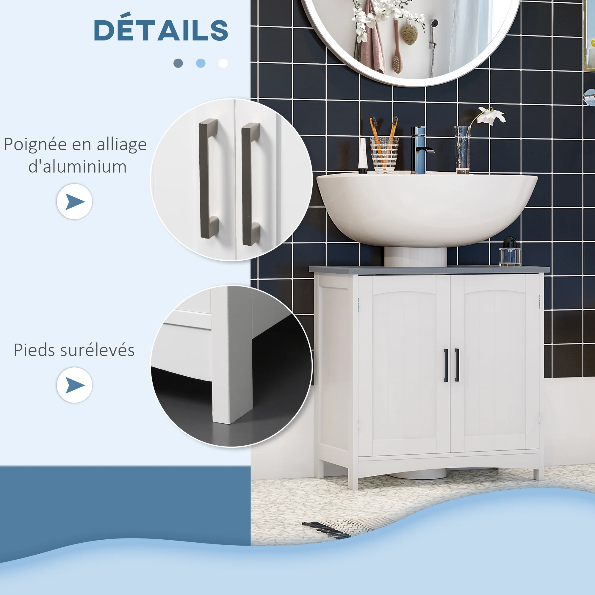Meuble salle de bain sous lavabo, meuble sous lavabo avec double portes, étagère réglable, 60 x 33 x 60 cm, blanc - Image 7