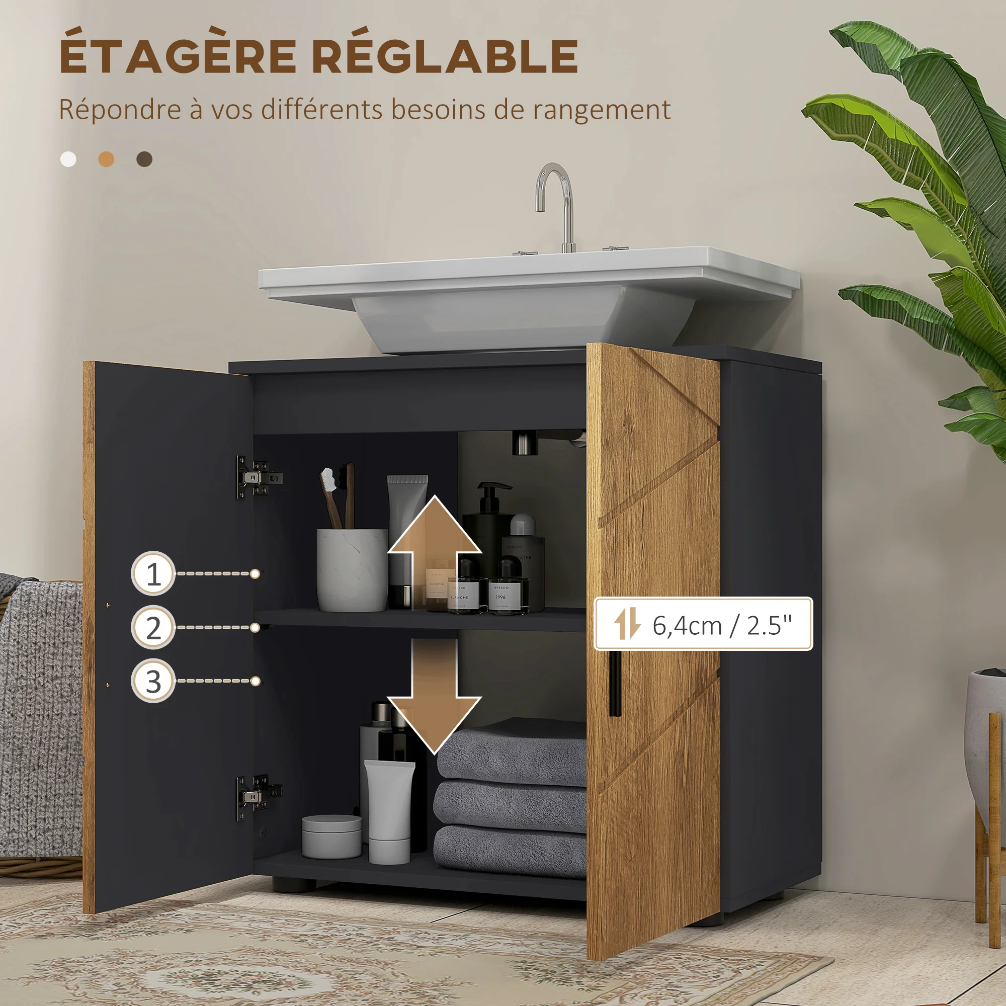 Meuble sous lavabo meuble de salle de bain 2 portes avec étagère réglable armoire de rangement pour vasque 60 x 30 x 60 cm gris anthracite et aspect bois - Image 6