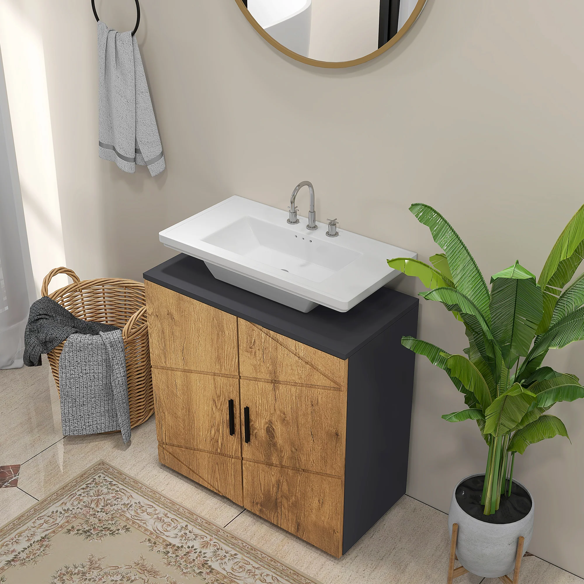 Meuble sous lavabo meuble de salle de bain 2 portes avec étagère réglable armoire de rangement pour vasque 60 x 30 x 60 cm gris anthracite et aspect bois - Image 8