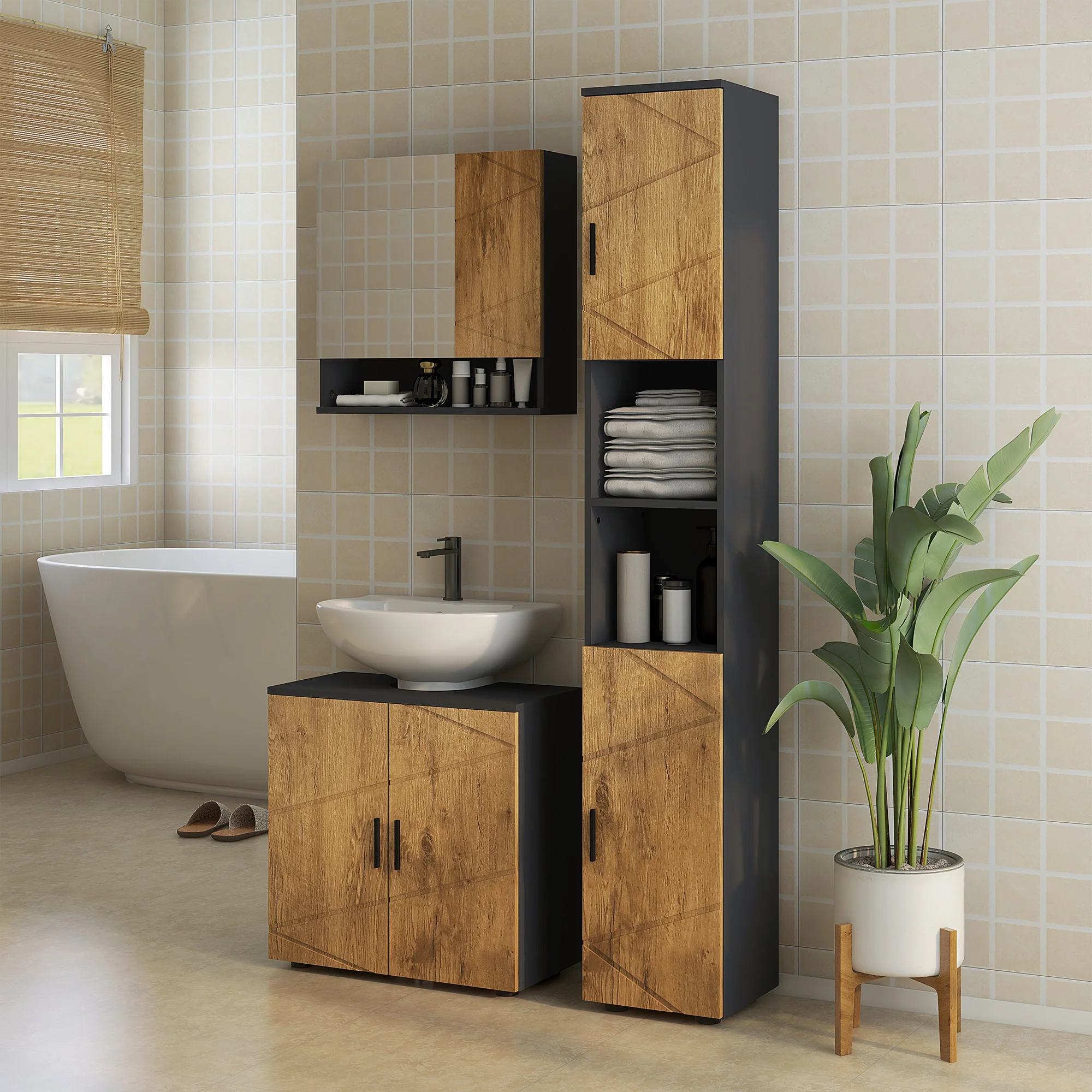 Meuble sous lavabo meuble de salle de bain 2 portes avec étagère réglable armoire de rangement pour vasque 60 x 30 x 60 cm gris anthracite et aspect bois - Image 3