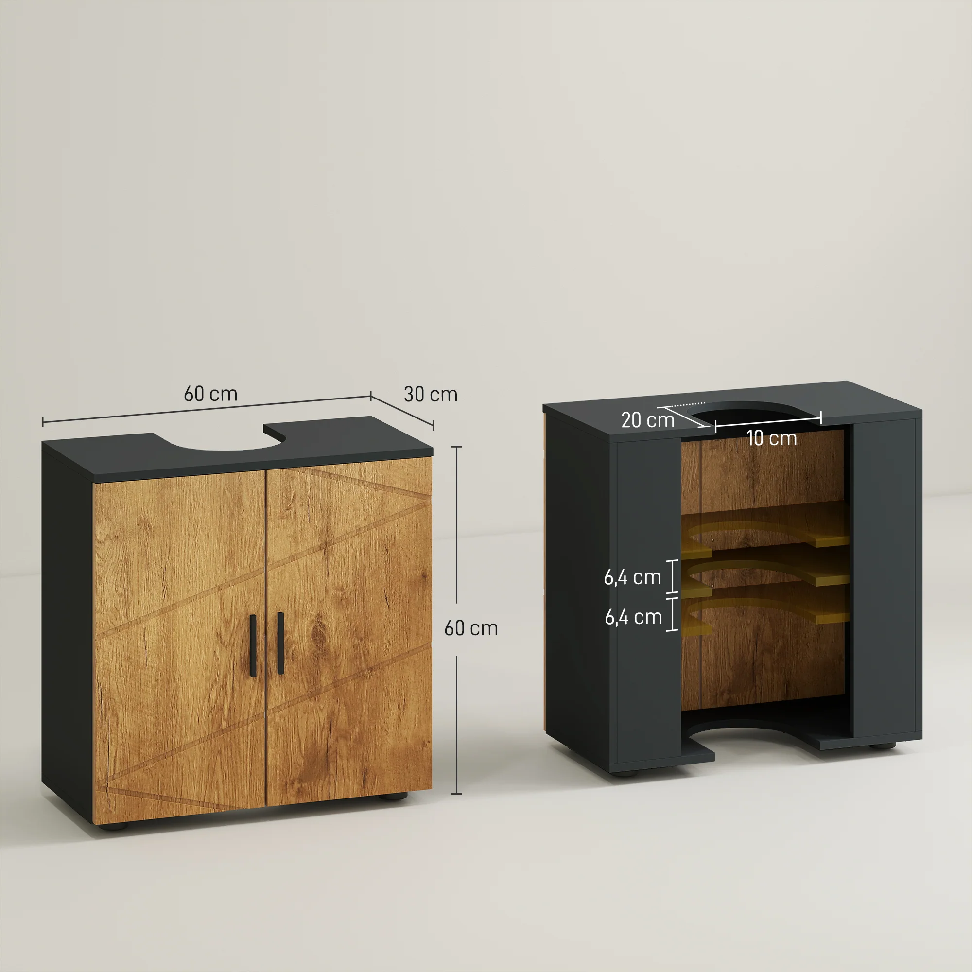 Meuble sous lavabo meuble de salle de bain 2 portes avec étagère réglable armoire de rangement pour vasque 60 x 30 x 60 cm gris anthracite et aspect bois - Image 4