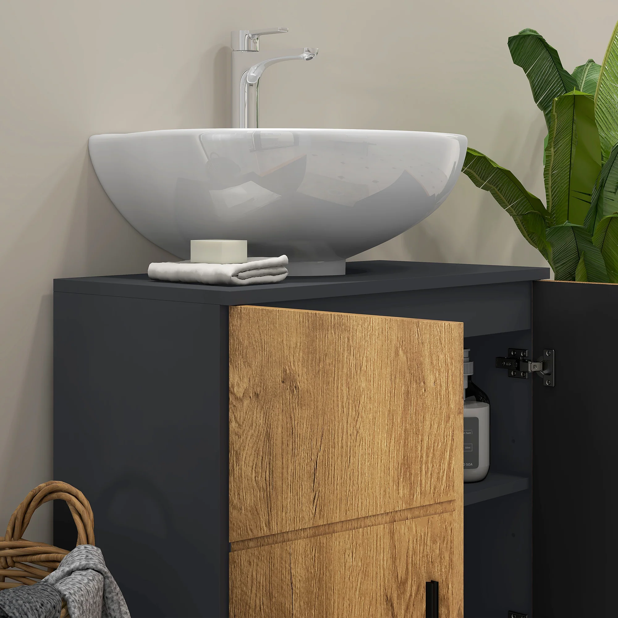 Meuble sous lavabo meuble de salle de bain 2 portes avec étagère réglable armoire de rangement pour vasque 60 x 30 x 60 cm gris anthracite et aspect bois - Image 9
