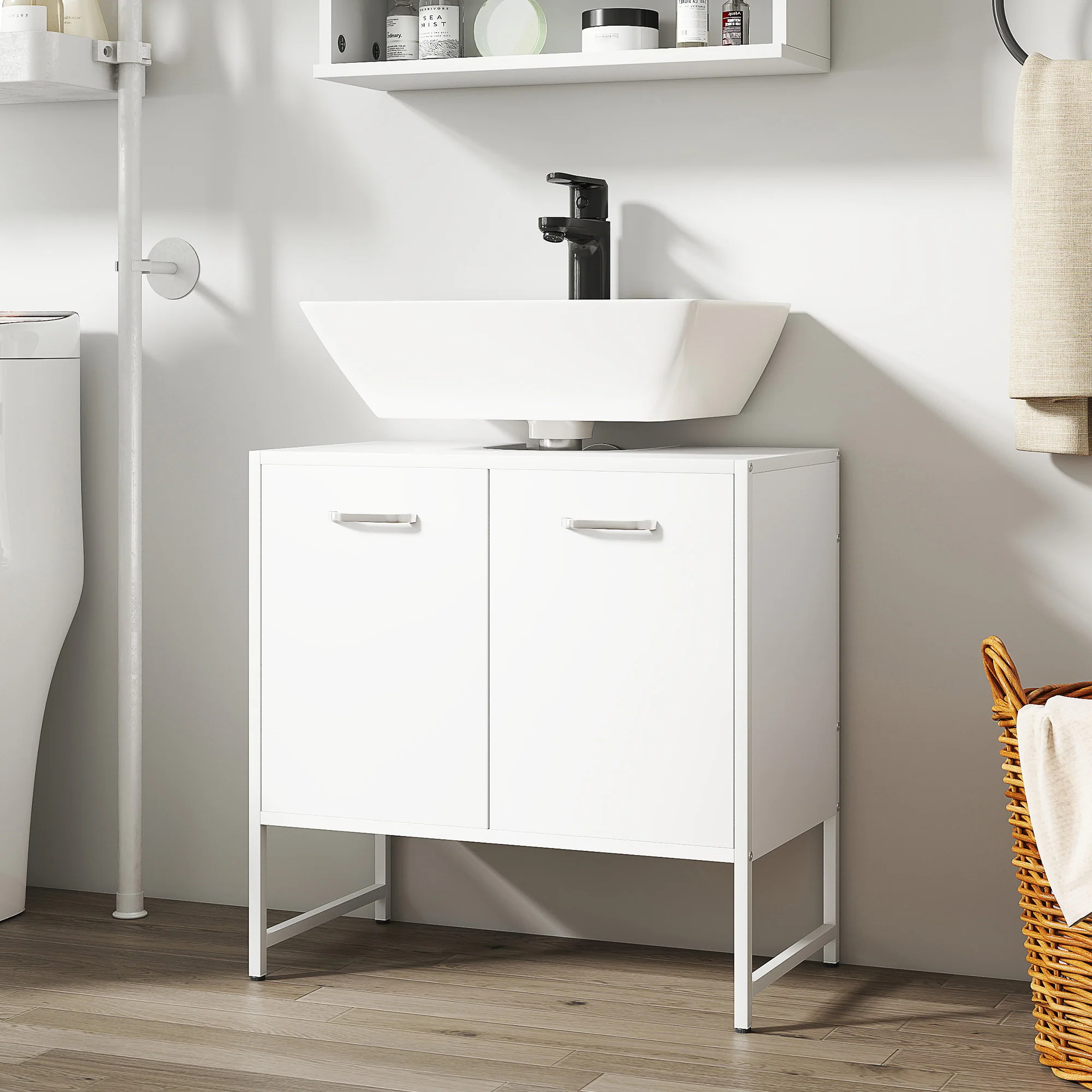 Meuble sous lavabo, meuble de salle de bain avec 2 portes à fermeture douce et étagère réglable, pieds en acier, armoire de salle de bains sous lavabo, 60 x 33 x 60,5 cm, blanc - Image 11