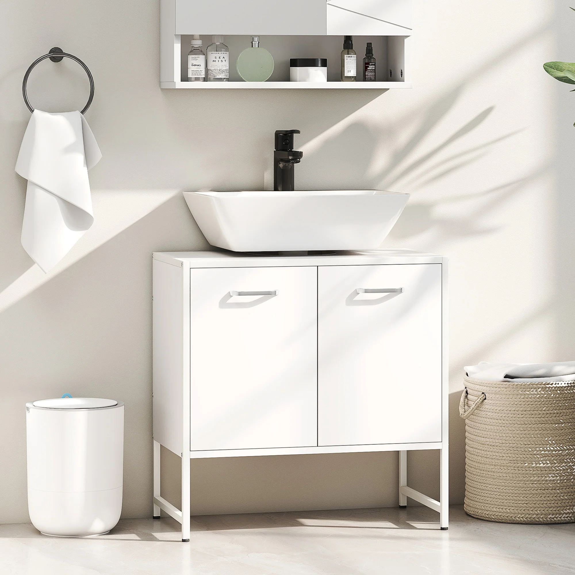 Meuble sous lavabo, meuble de salle de bain avec 2 portes à fermeture douce et étagère réglable, pieds en acier, armoire de salle de bains sous lavabo, 60 x 33 x 60,5 cm, blanc - Image 3