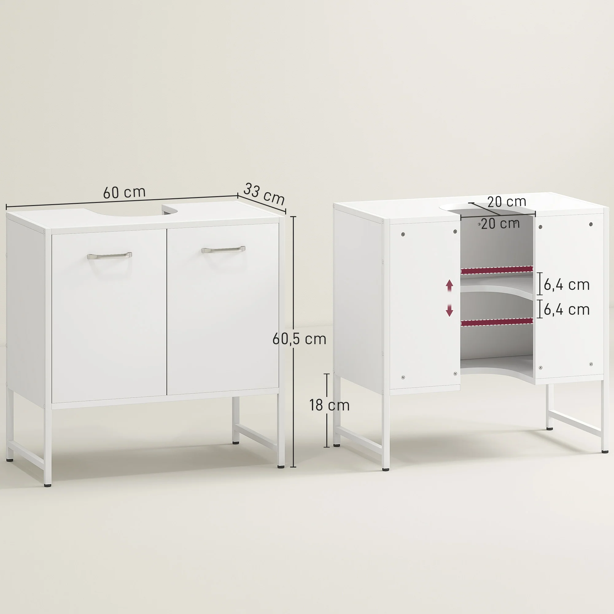 Meuble sous lavabo, meuble de salle de bain avec 2 portes à fermeture douce et étagère réglable, pieds en acier, armoire de salle de bains sous lavabo, 60 x 33 x 60,5 cm, blanc - Image 4