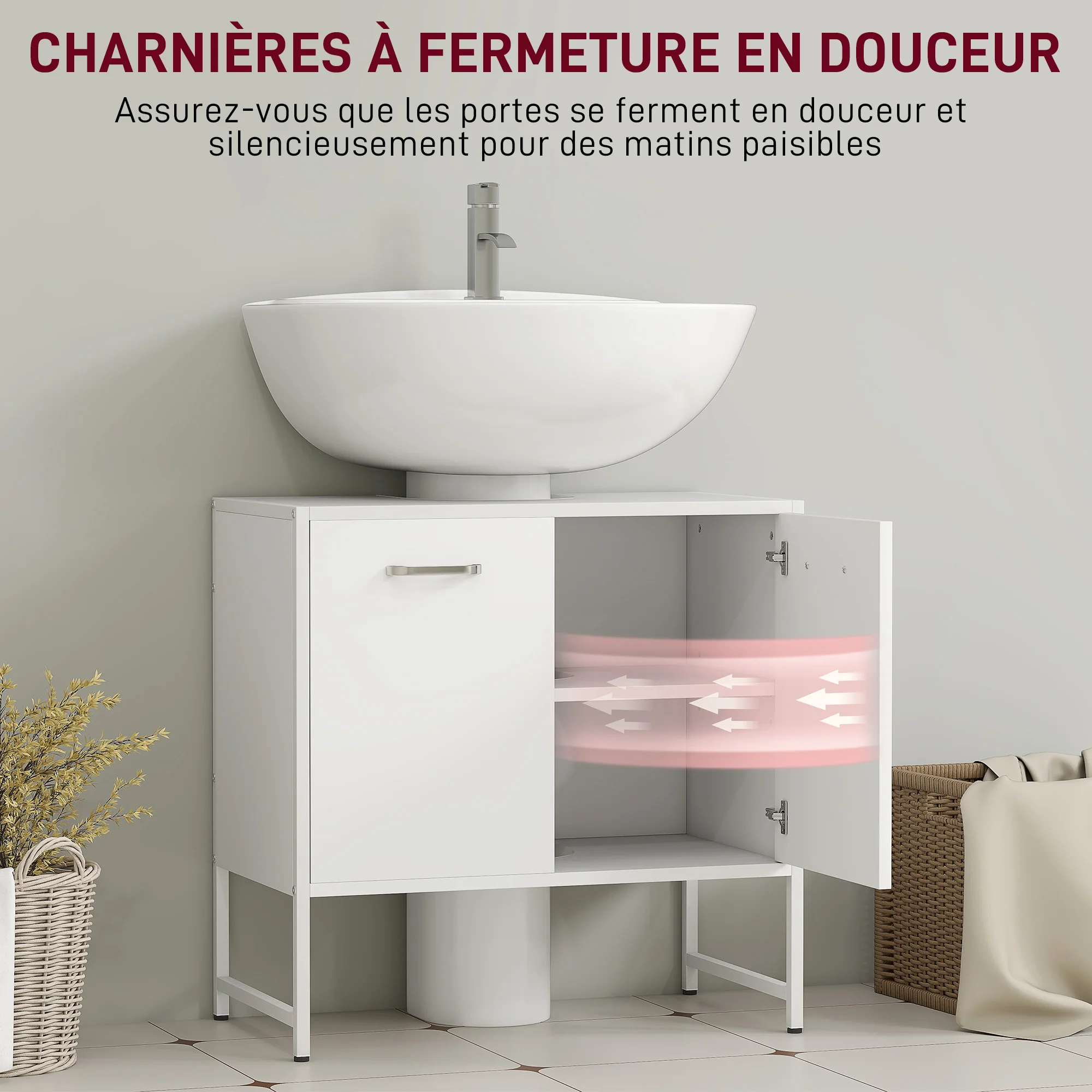 Meuble sous lavabo, meuble de salle de bain avec 2 portes à fermeture douce et étagère réglable, pieds en acier, armoire de salle de bains sous lavabo, 60 x 33 x 60,5 cm, blanc - Image 6