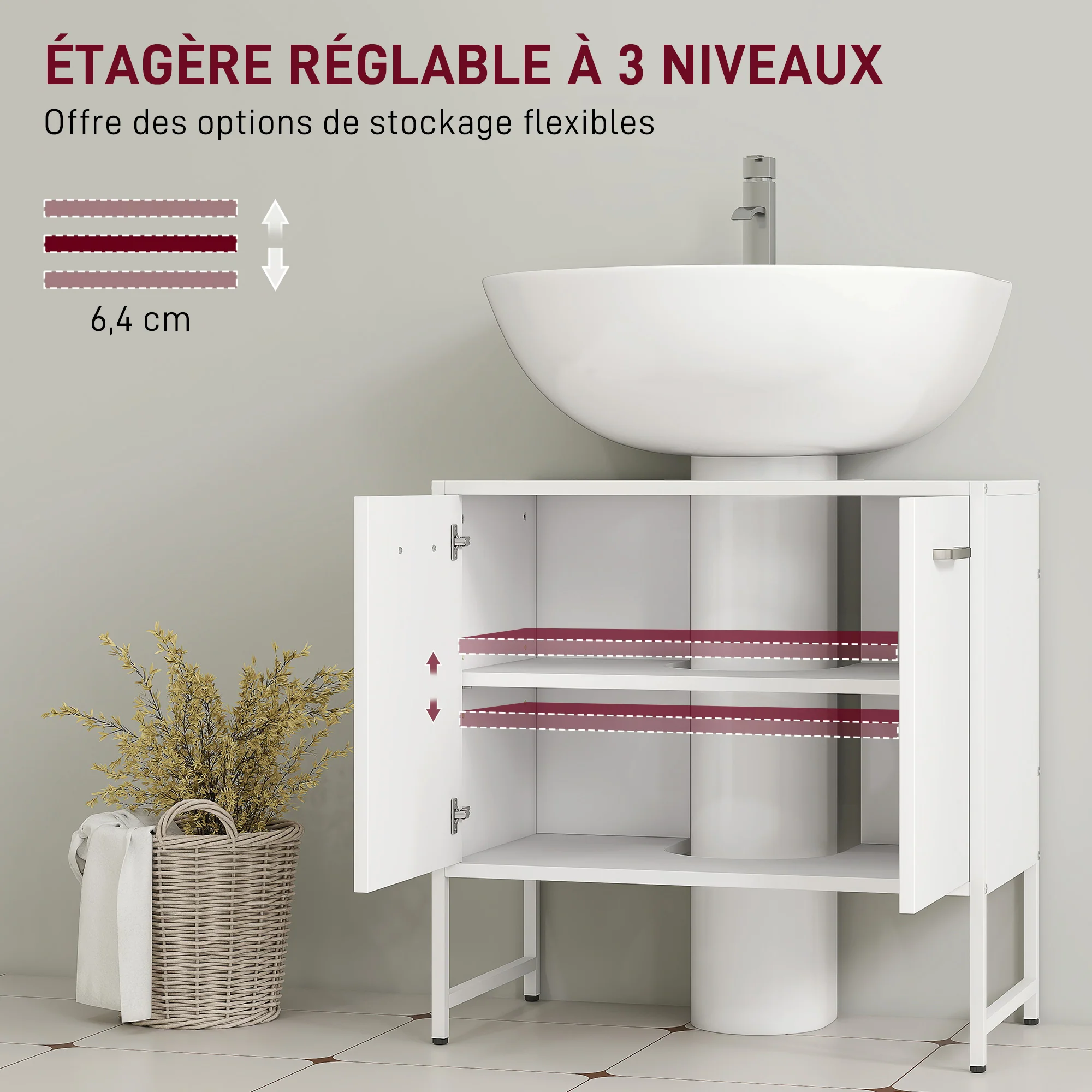 Meuble sous lavabo, meuble de salle de bain avec 2 portes à fermeture douce et étagère réglable, pieds en acier, armoire de salle de bains sous lavabo, 60 x 33 x 60,5 cm, blanc - Image 7