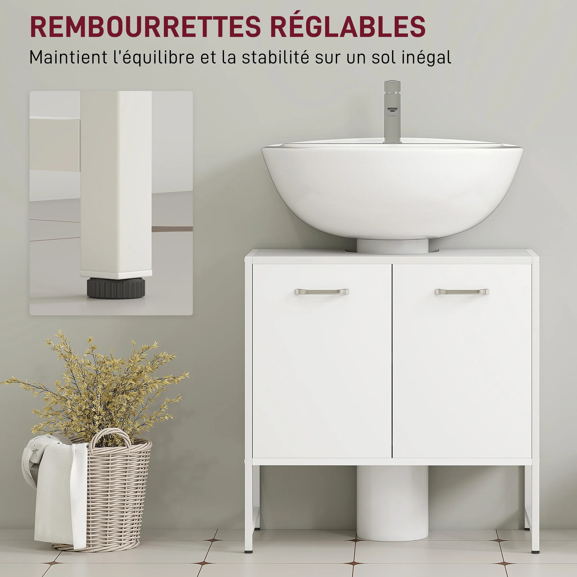 Meuble sous lavabo, meuble de salle de bain avec 2 portes à fermeture douce et étagère réglable, pieds en acier, armoire de salle de bains sous lavabo, 60 x 33 x 60,5 cm, blanc - Image 9