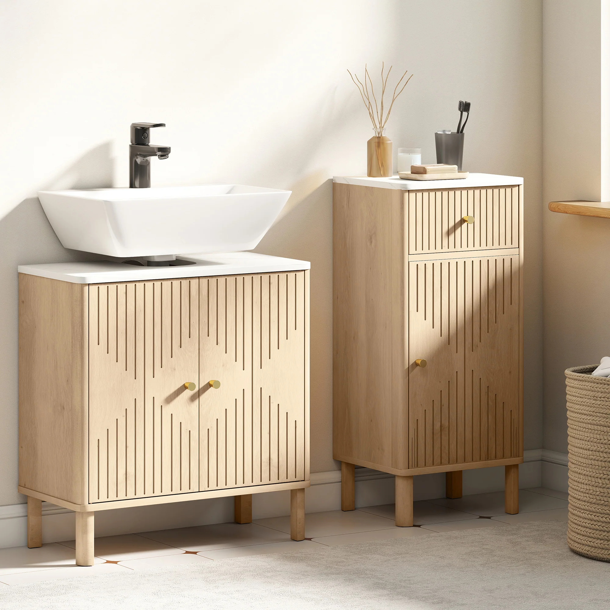 Meuble sous lavabo, meuble de salle de bain sous vasque avec étagère réglable et plan de toilette effet marbre pour vasque avec ou sans piédestal, 60 x 30 x 63 cm, chêne - Image 10