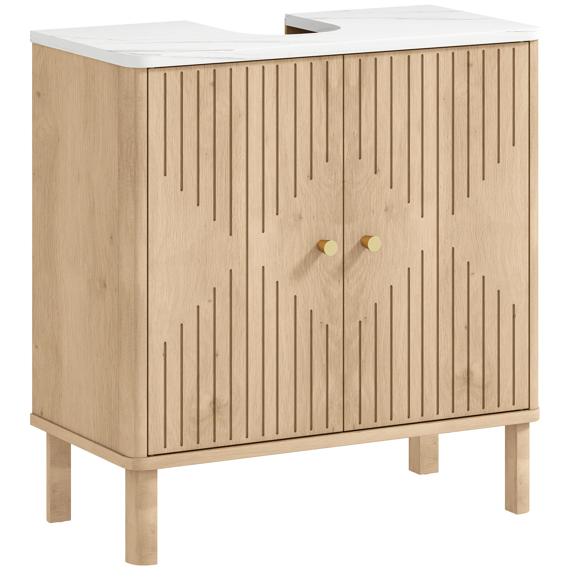 Meuble sous lavabo, meuble de salle de bain sous vasque avec étagère réglable et plan de toilette effet marbre pour vasque avec ou sans piédestal, 60 x 30 x 63 cm, chêne - Image 11