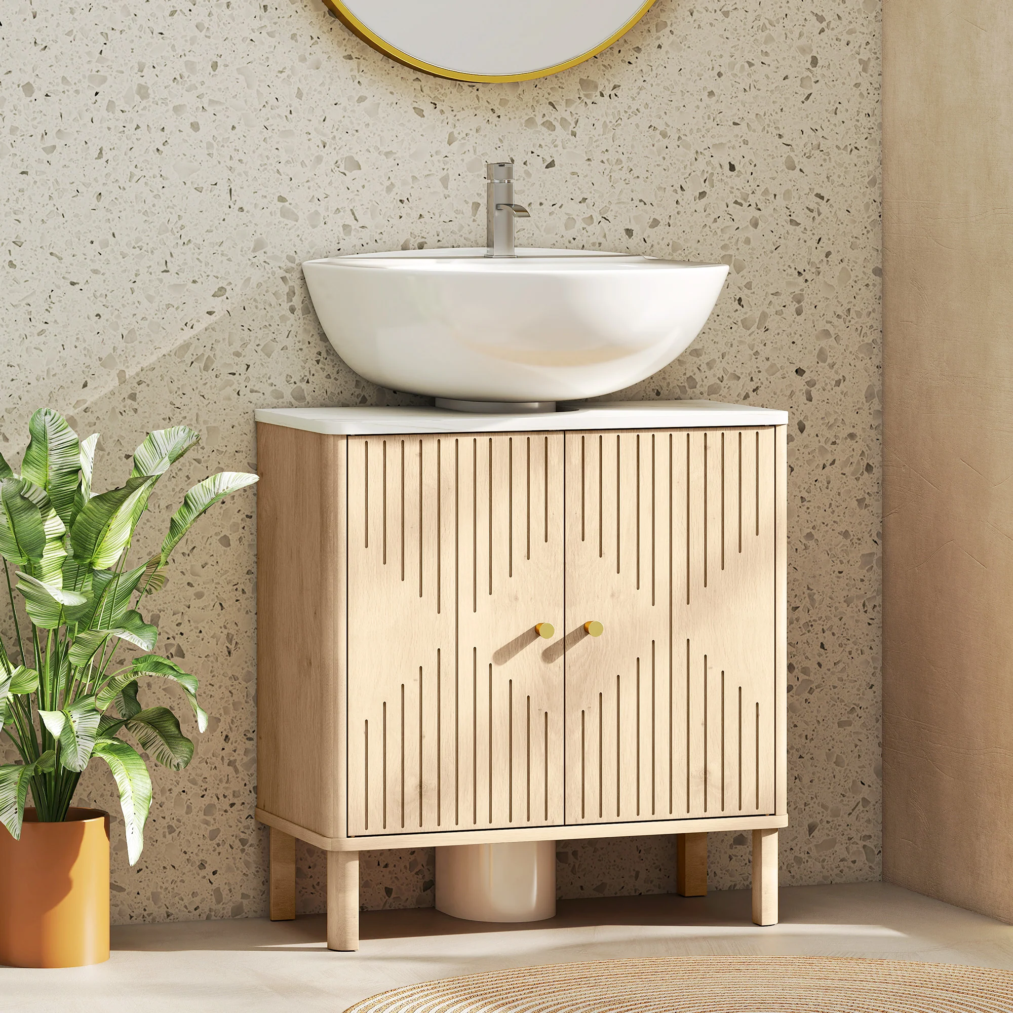 Meuble sous lavabo, meuble de salle de bain sous vasque avec étagère réglable et plan de toilette effet marbre pour vasque avec ou sans piédestal, 60 x 30 x 63 cm, chêne - Image 3