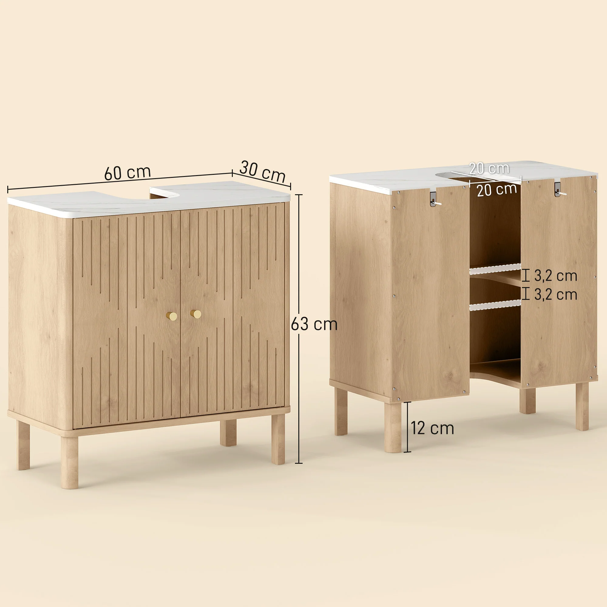 Meuble sous lavabo, meuble de salle de bain sous vasque avec étagère réglable et plan de toilette effet marbre pour vasque avec ou sans piédestal, 60 x 30 x 63 cm, chêne - Image 4