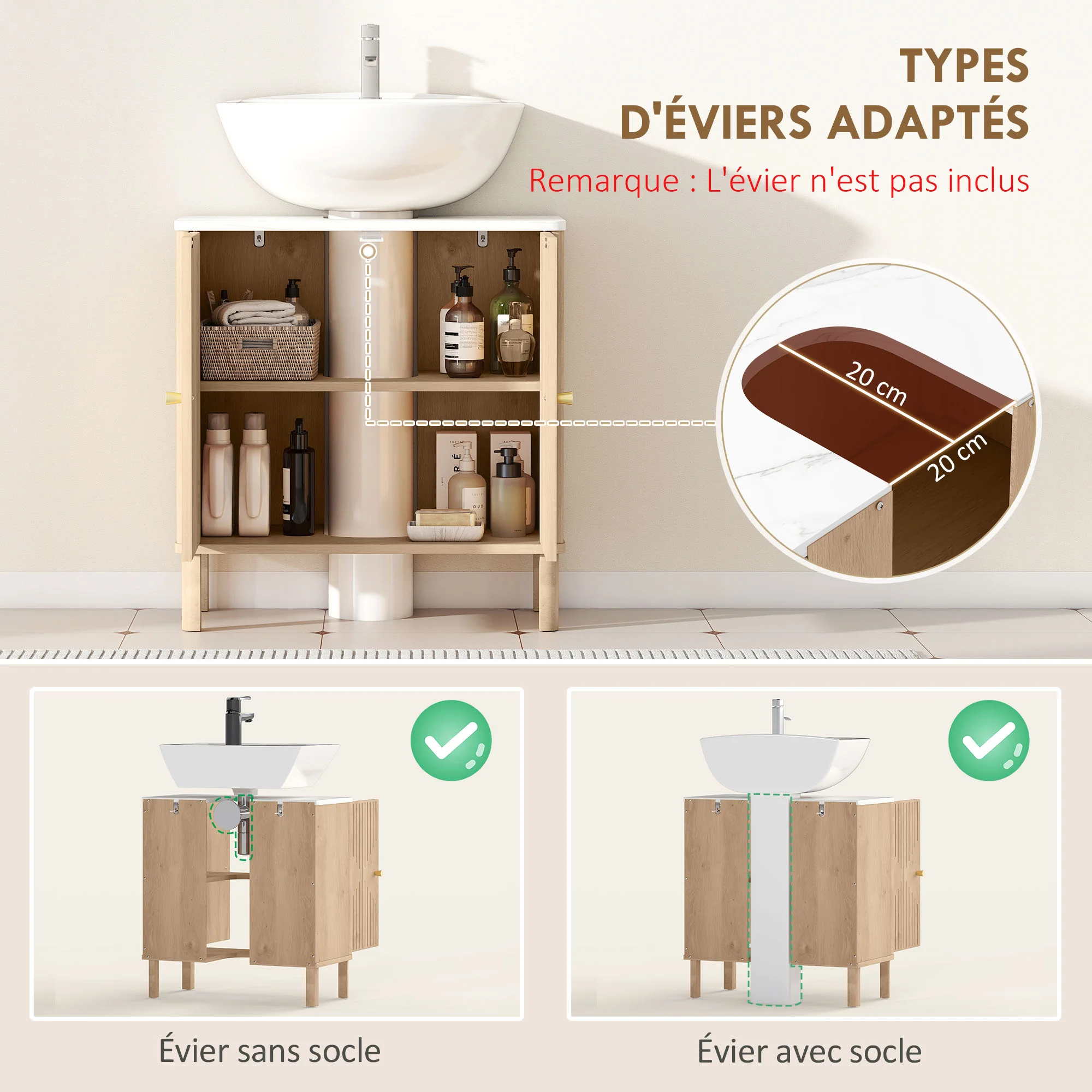 Meuble sous lavabo, meuble de salle de bain sous vasque avec étagère réglable et plan de toilette effet marbre pour vasque avec ou sans piédestal, 60 x 30 x 63 cm, chêne - Image 5