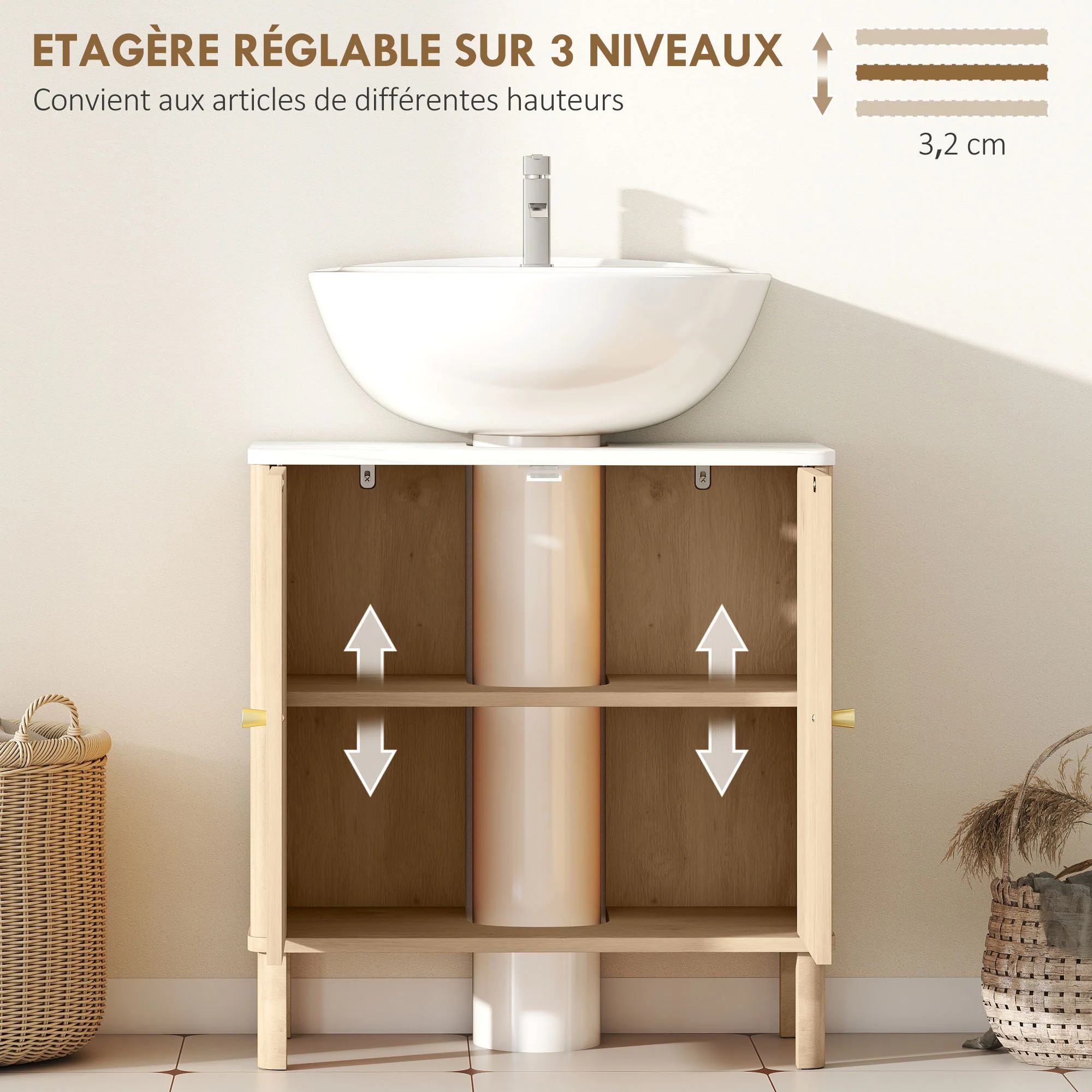 Meuble sous lavabo, meuble de salle de bain sous vasque avec étagère réglable et plan de toilette effet marbre pour vasque avec ou sans piédestal, 60 x 30 x 63 cm, chêne - Image 6