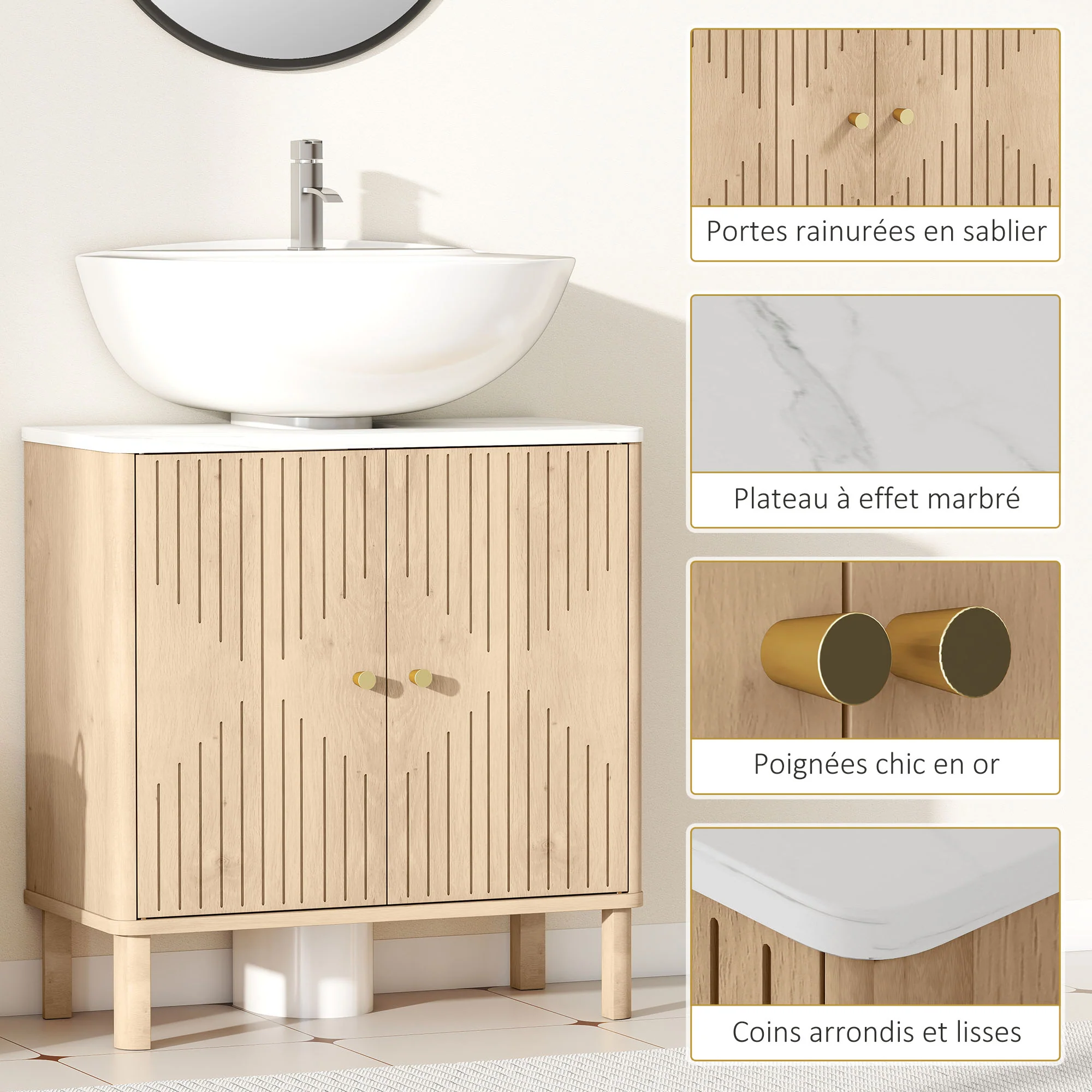 Meuble sous lavabo, meuble de salle de bain sous vasque avec étagère réglable et plan de toilette effet marbre pour vasque avec ou sans piédestal, 60 x 30 x 63 cm, chêne - Image 7