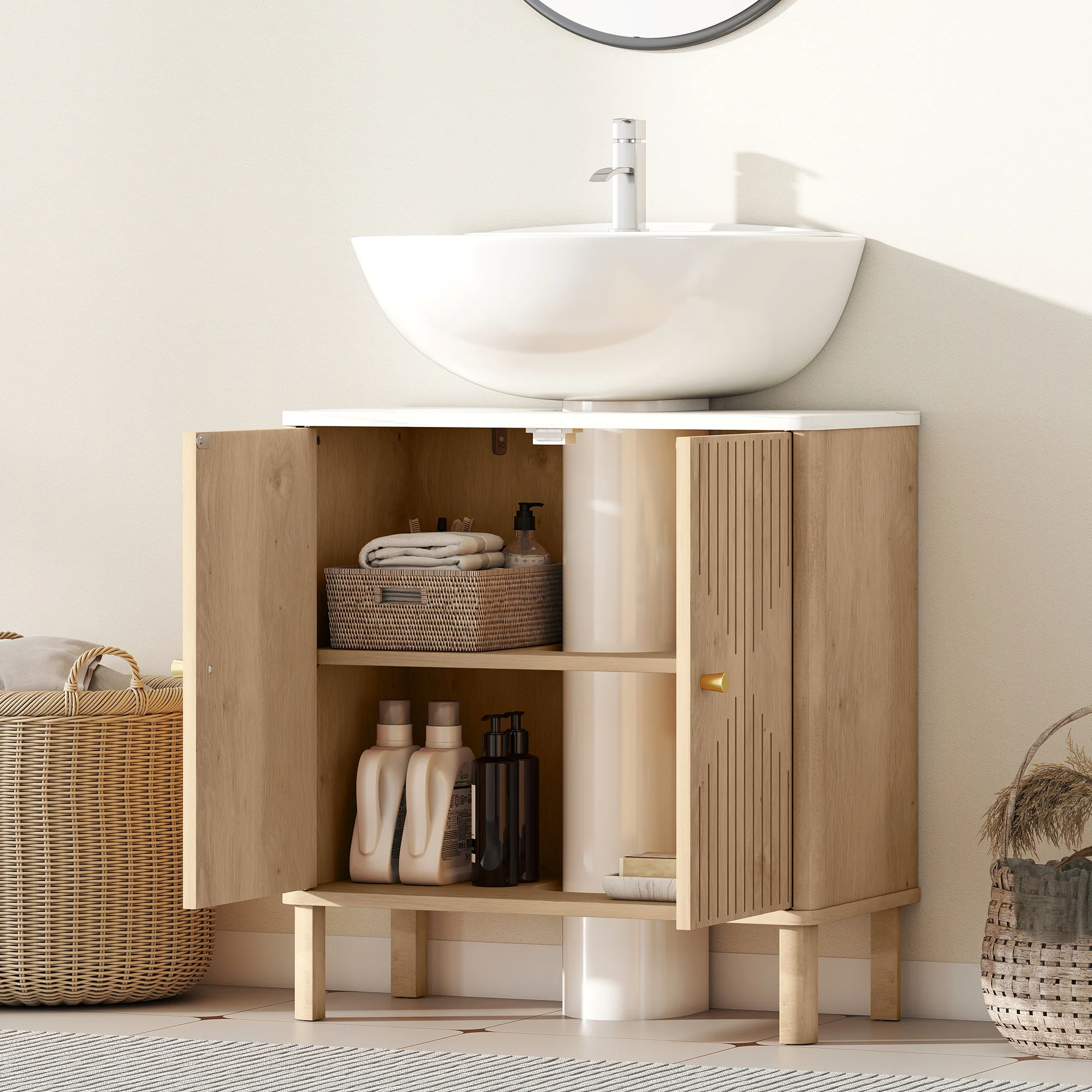 Meuble sous lavabo, meuble de salle de bain sous vasque avec étagère réglable et plan de toilette effet marbre pour vasque avec ou sans piédestal, 60 x 30 x 63 cm, chêne - Image 8