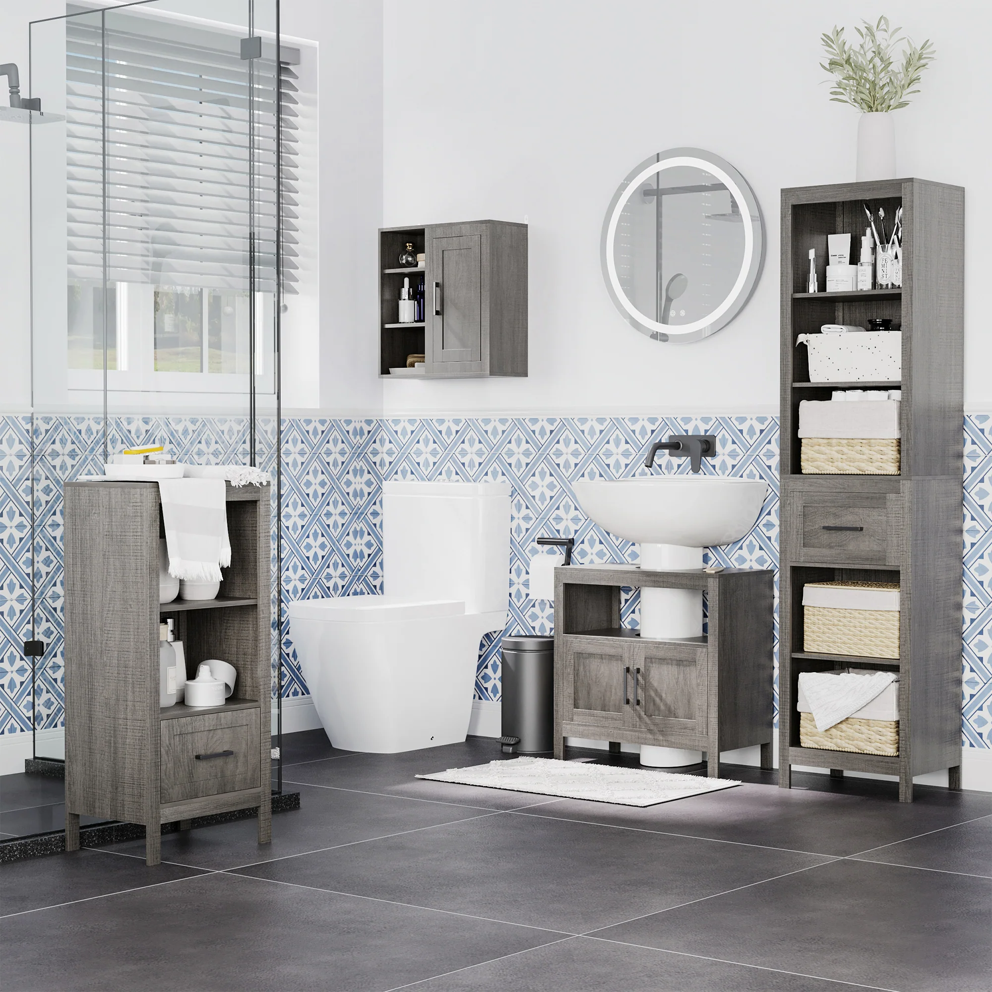 Meuble sous lavabo meuble sous évier meuble de salle de bain sous lavabo avec 2 portes et étagère - 60 x 30 x 60 cm - gris - Image 3