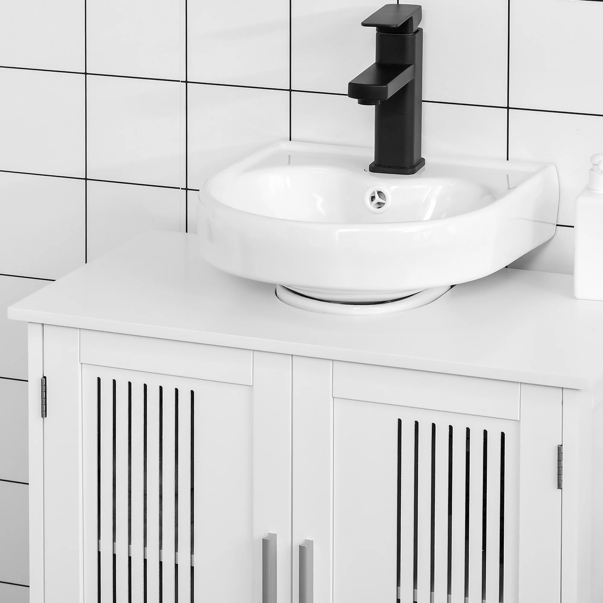Meuble sous lavabo salle de bain - meuble sous-vasque - 2 portes rainurées avec étagère réglable - poignées alliage aluminium - dim. 60L x 30l x 60H cm - MDF blanc - Image 10