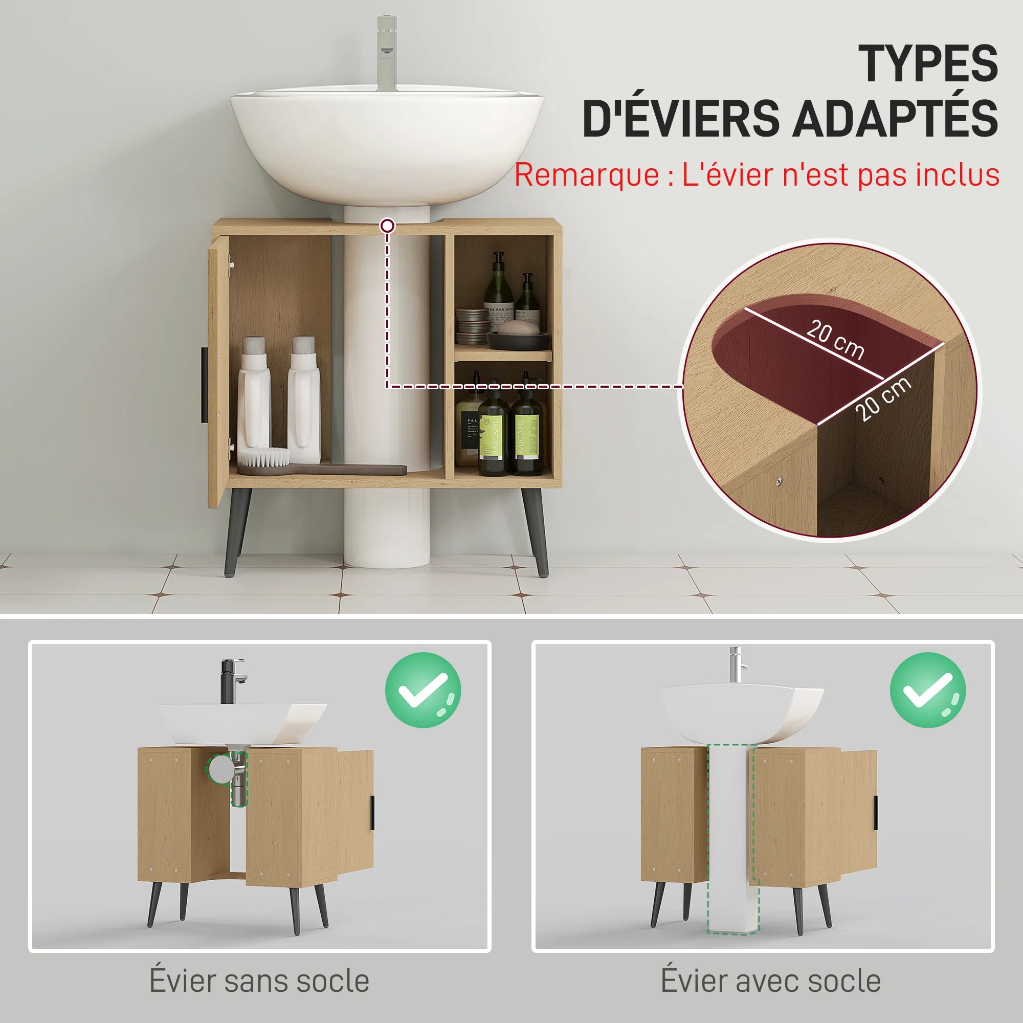 Meuble sous lavabo salle de bain, meuble sous vasque industriel avec porte à fermeture progressive et étagère réglable, 60 x 30 x 59,5 cm, chêne - Image 5