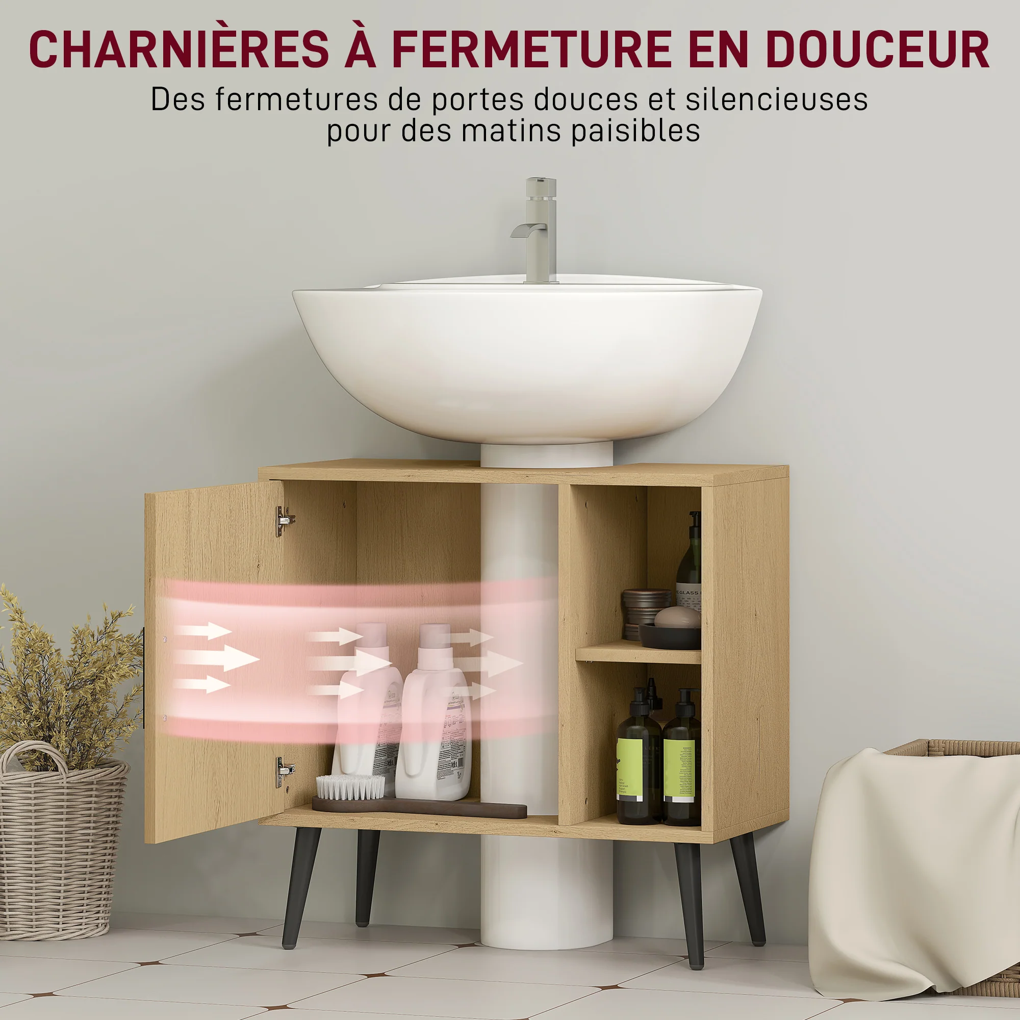 Meuble sous lavabo salle de bain, meuble sous vasque industriel avec porte à fermeture progressive et étagère réglable, 60 x 30 x 59,5 cm, chêne - Image 6