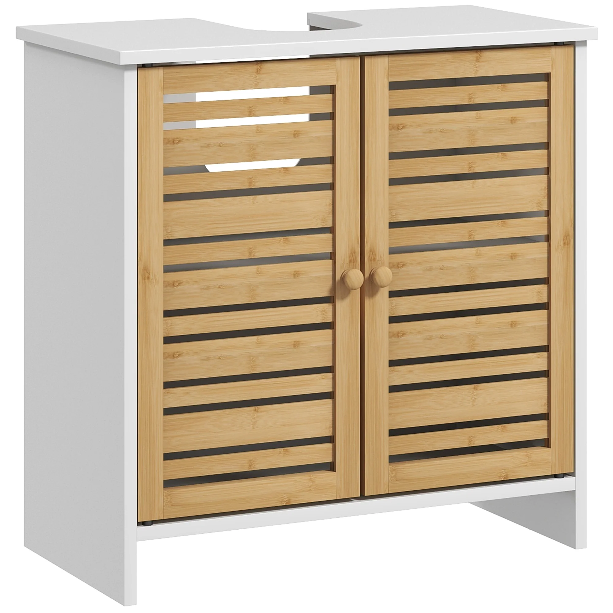 Meuble sous vasque meuble de salle de bain 2 portes avec étagère réglable armoire de rangement pour lavabo 60 x 30 x 60 cm en bambou naturel et blanc - Image 2