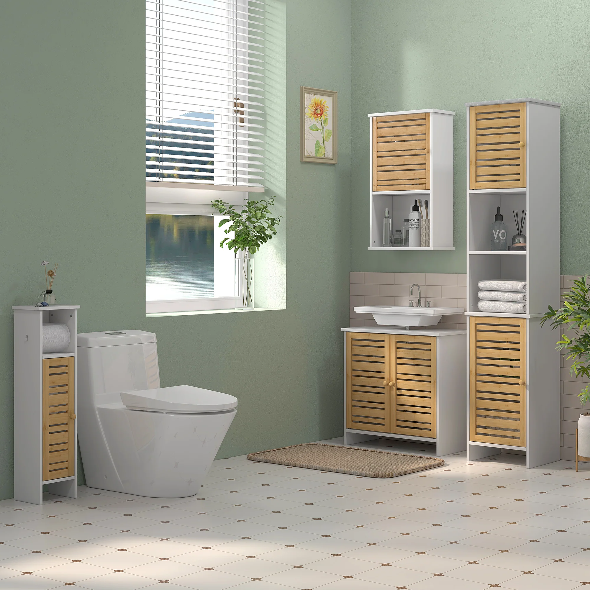 Meuble sous vasque meuble de salle de bain 2 portes avec étagère réglable armoire de rangement pour lavabo 60 x 30 x 60 cm en bambou naturel et blanc - Image 3
