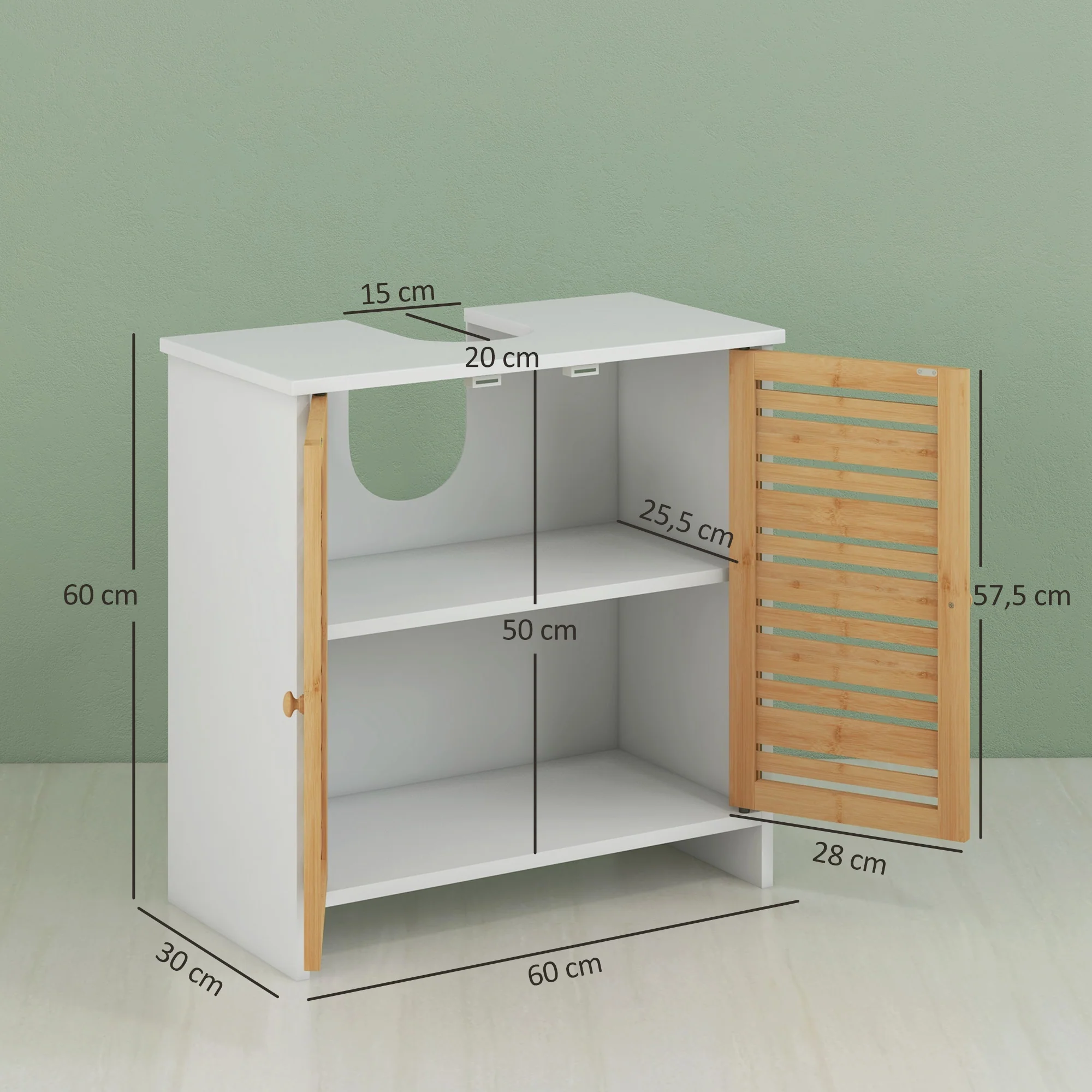 Meuble sous vasque meuble de salle de bain 2 portes avec étagère réglable armoire de rangement pour lavabo 60 x 30 x 60 cm en bambou naturel et blanc - Image 4
