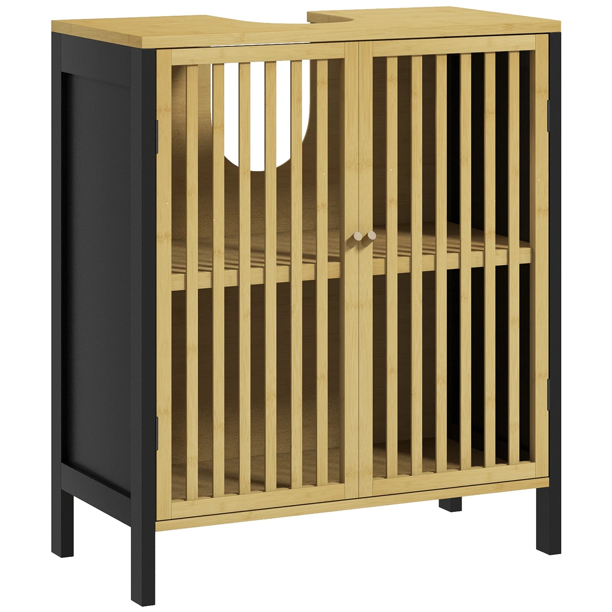 Meuble sous vasque meuble de salle de bain 2 portes avec étagère réglable armoire de rangement pour lavabo 60 x 30 x 70 cm en bambou noir et naturel - Image 2