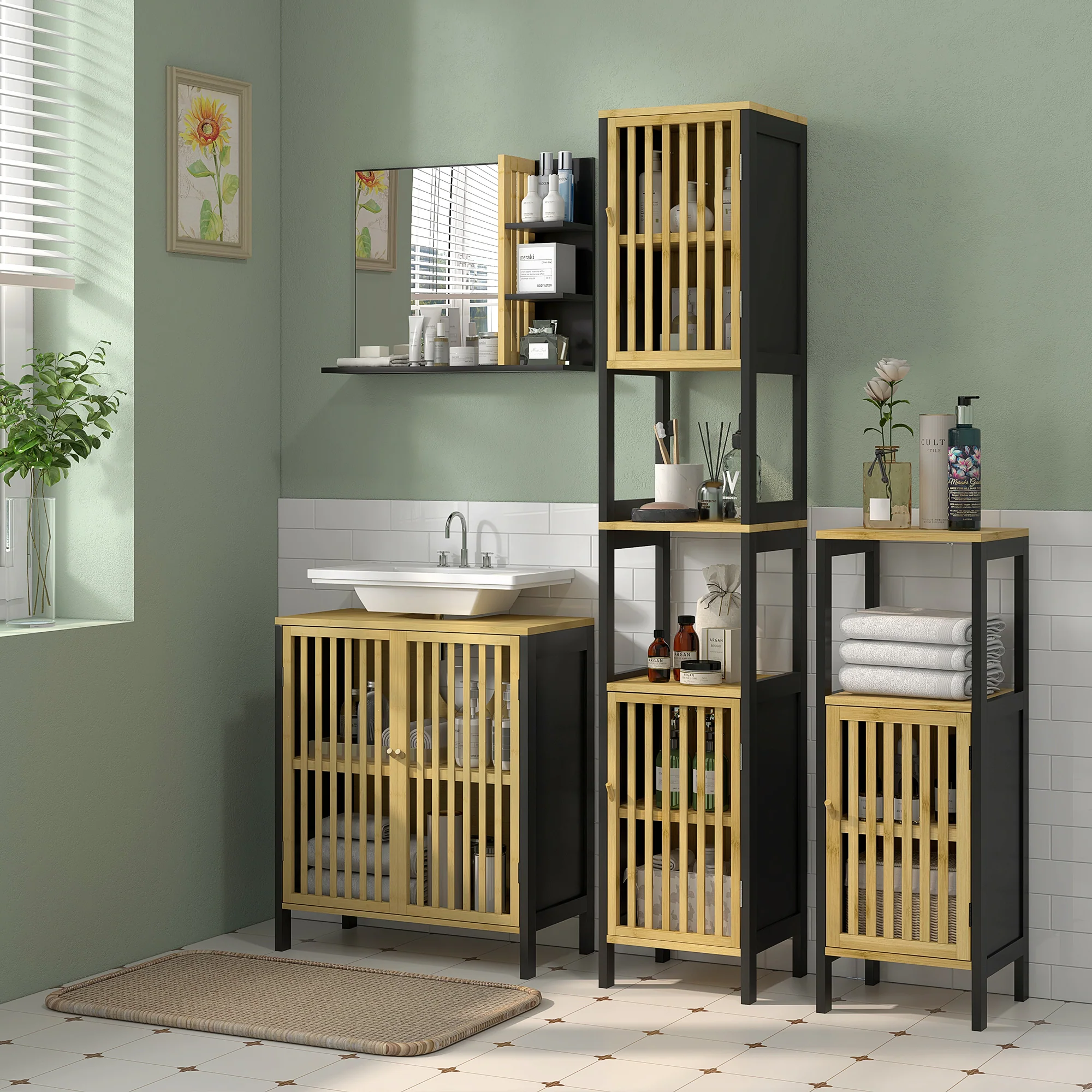 Meuble sous vasque meuble de salle de bain 2 portes avec étagère réglable armoire de rangement pour lavabo 60 x 30 x 70 cm en bambou noir et naturel - Image 3