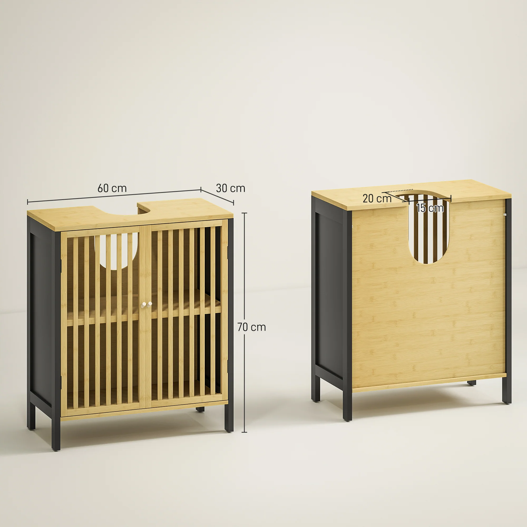 Meuble sous vasque meuble de salle de bain 2 portes avec étagère réglable armoire de rangement pour lavabo 60 x 30 x 70 cm en bambou noir et naturel - Image 4