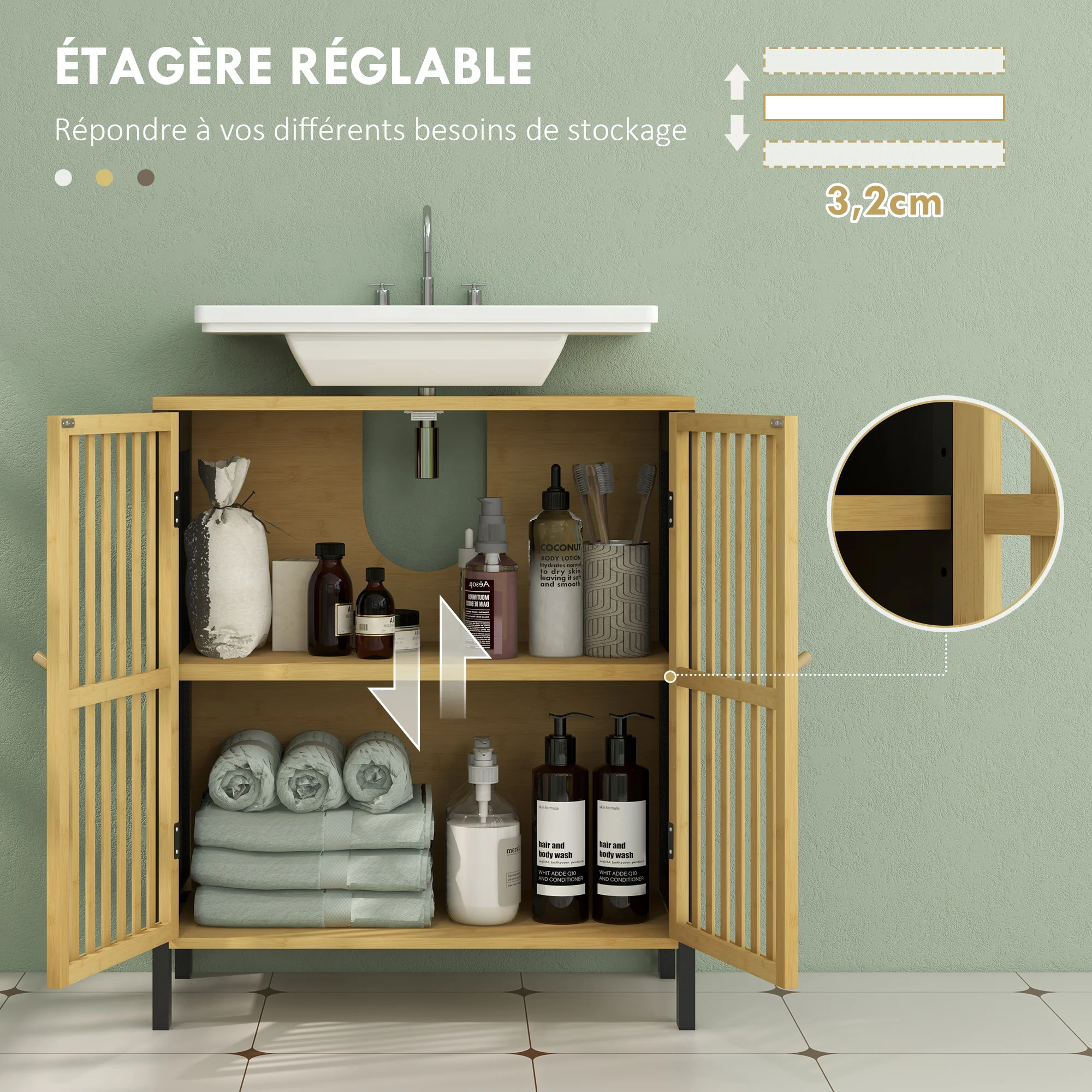 Meuble sous vasque meuble de salle de bain 2 portes avec étagère réglable armoire de rangement pour lavabo 60 x 30 x 70 cm en bambou noir et naturel - Image 6