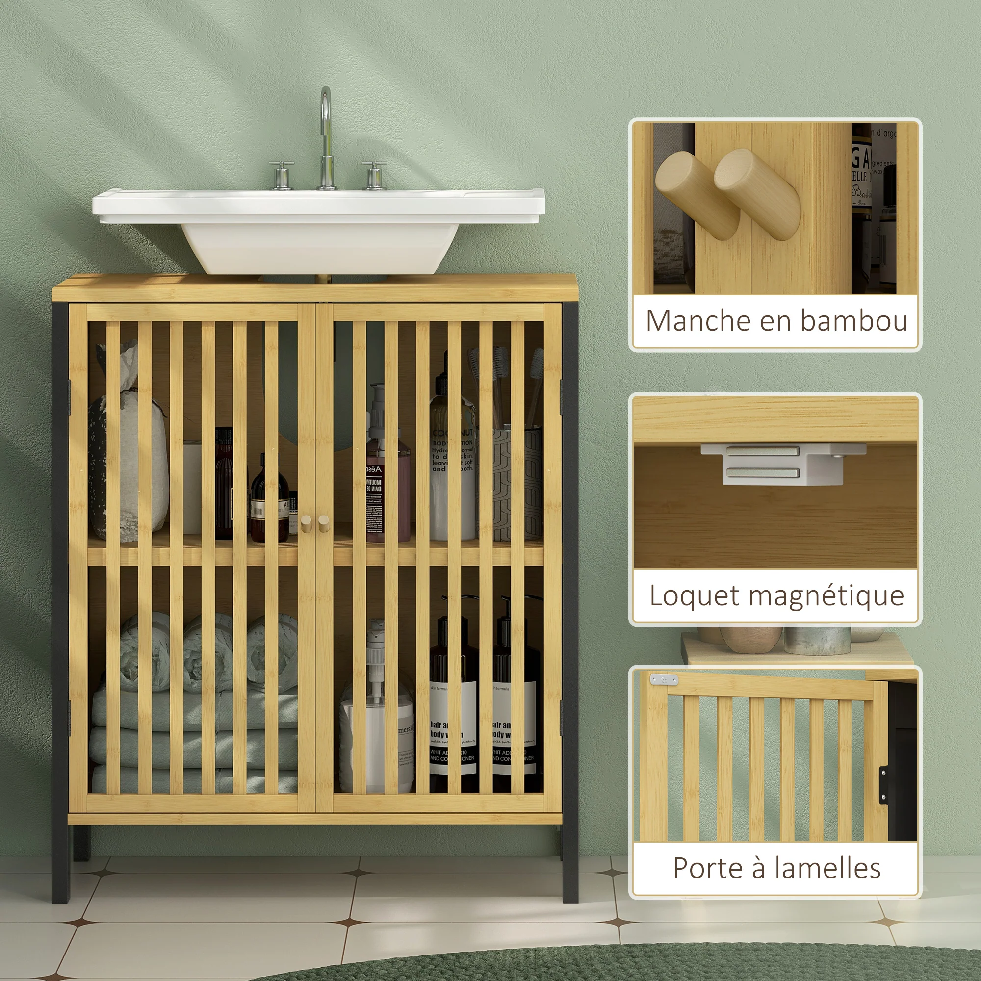 Meuble sous vasque meuble de salle de bain 2 portes avec étagère réglable armoire de rangement pour lavabo 60 x 30 x 70 cm en bambou noir et naturel - Image 8