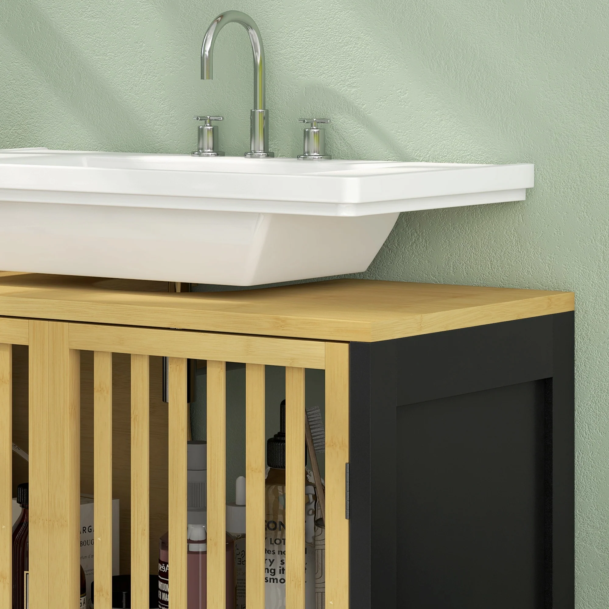 Meuble sous vasque meuble de salle de bain 2 portes avec étagère réglable armoire de rangement pour lavabo 60 x 30 x 70 cm en bambou noir et naturel - Image 9