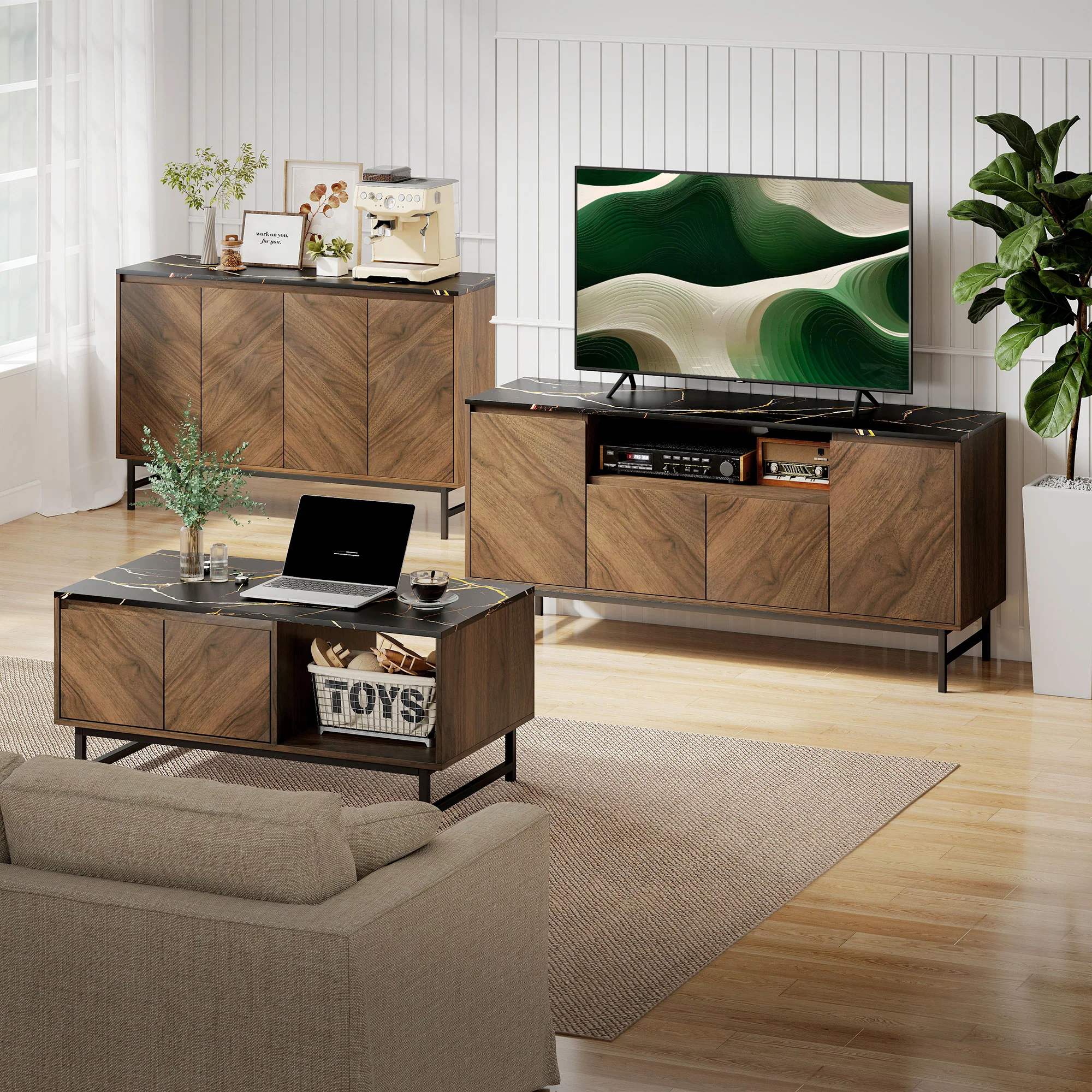 Meuble TV 120 cm, meuble télé pour téléviseur jusqu'à 55 pouces avec 4 portes, plateau effet marbre, étagères réglables et pieds en acier, banc TV pour salon, chambre à coucher, noyer - Image 10