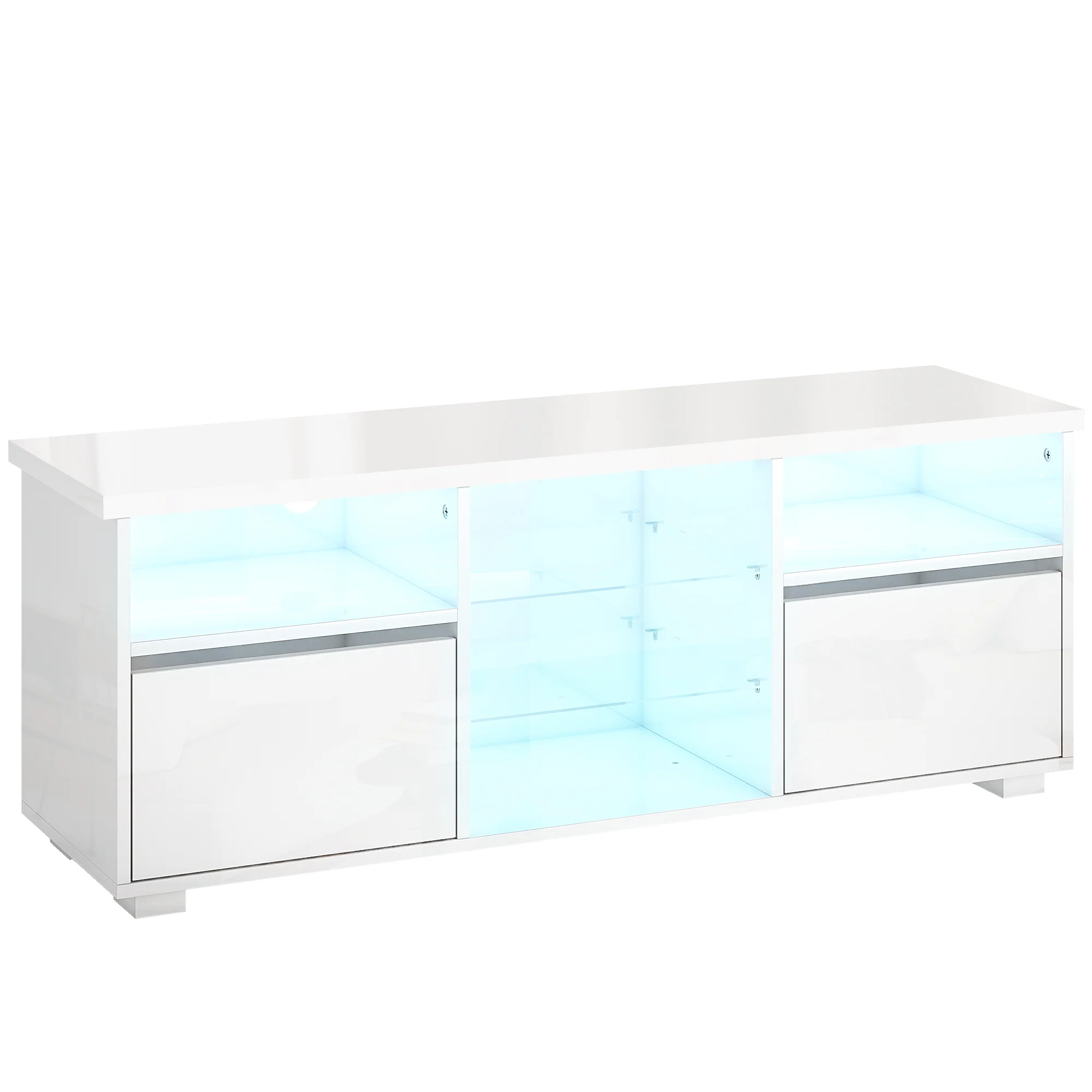 Meuble TV 120 cm, meuble télé pour téléviseur jusqu'à 55 pouces avec éclairage LED et télécommande, étagères en verre réglables, compartiments ouverts et passe-câbles, banc TV pour salon blanc - Image 2