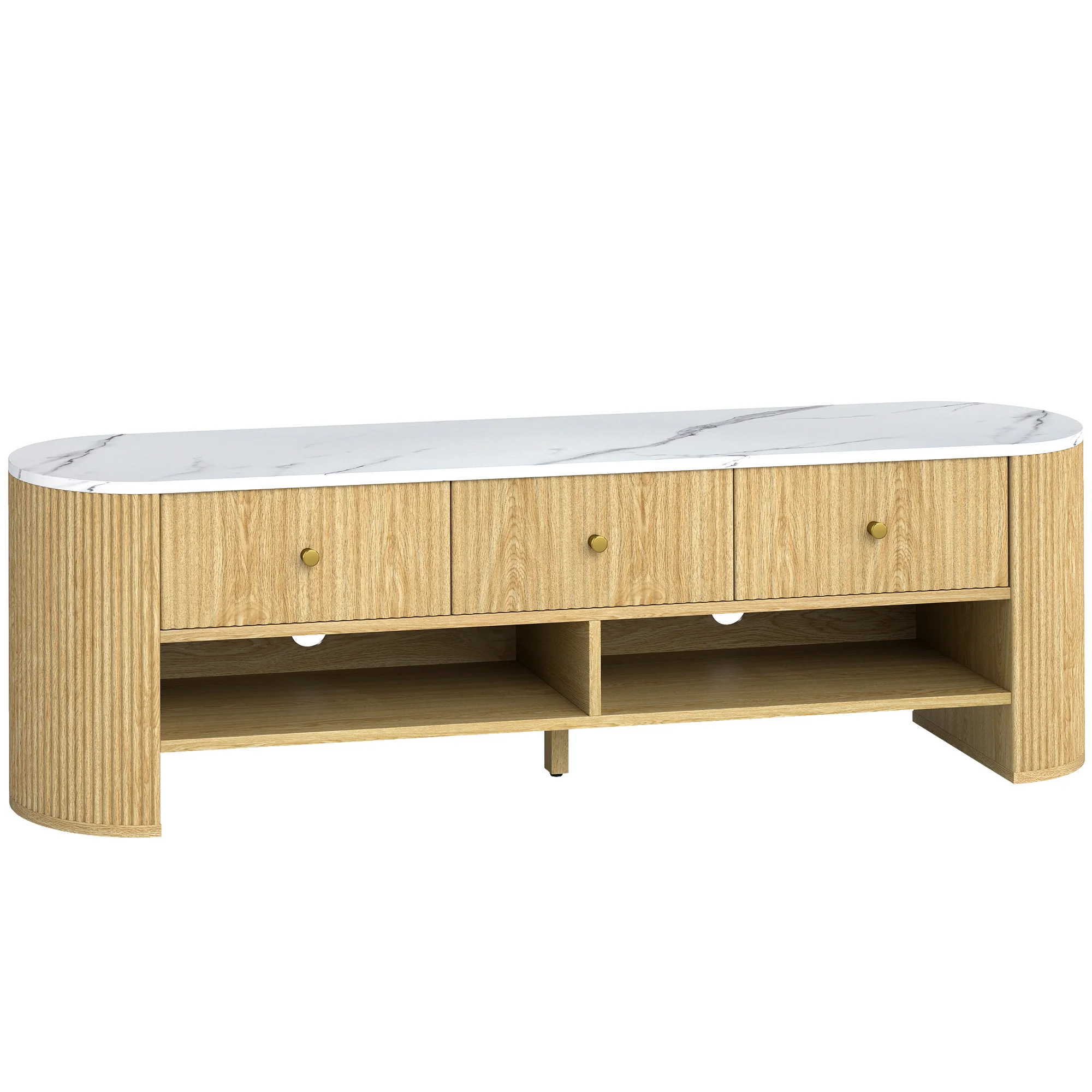 Meuble TV 140 cm, meuble télé pour téléviseur 32-65 pouces effet marbre avec 3 tiroirs fa?ades à cannelures, 2 étagères ouvertes et 2 trous pour cables, banc TV moderne, effet bois naturel - Image 2
