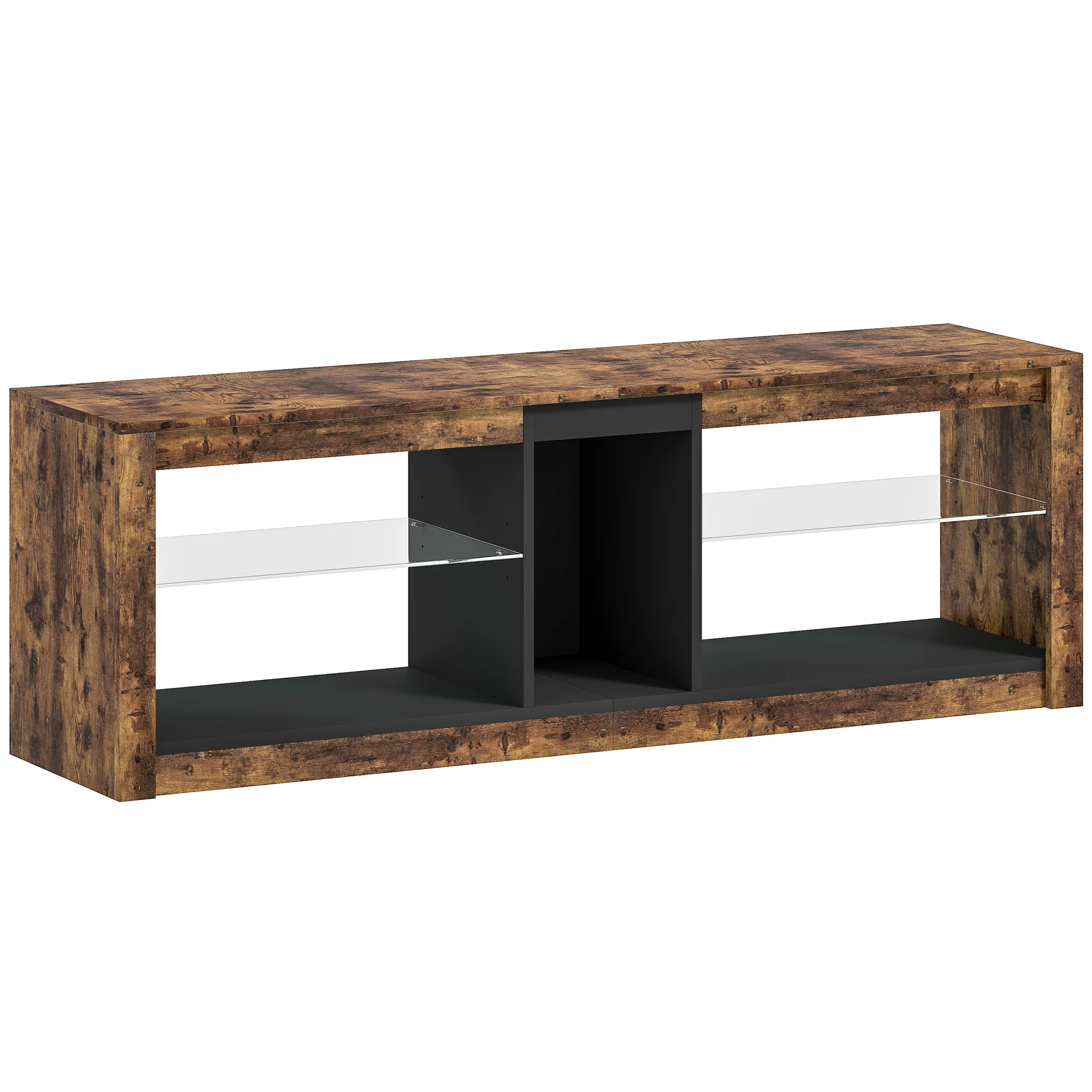 Meuble TV avec lumières LED et télécommande, meuble télé bois banc TV pour téléviseur jusqu'à 65 pouces avec étagères et compartiments ouvert, pour salon chambre à coucher, 140x35x47cm, marron - Image 2