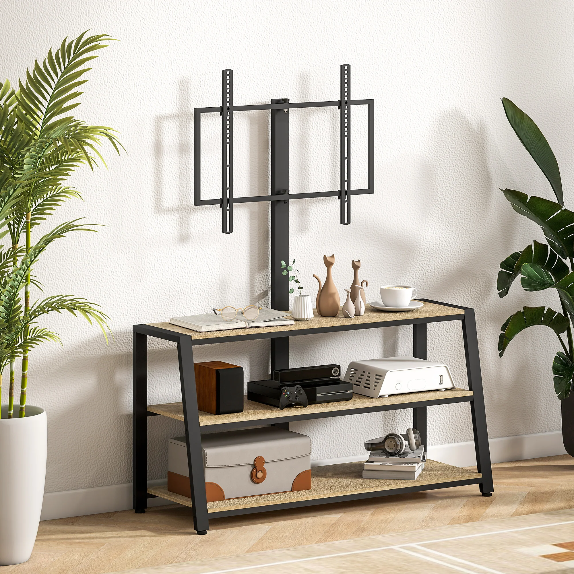 Meuble TV avec support orientable 35°, meuble télé pour téléviseurs de 32-70 pouces, étagères ouvertes, banc TV industriel pour salon chambre à coucher, 108x41x135cm, effet bois naturel - Image 10