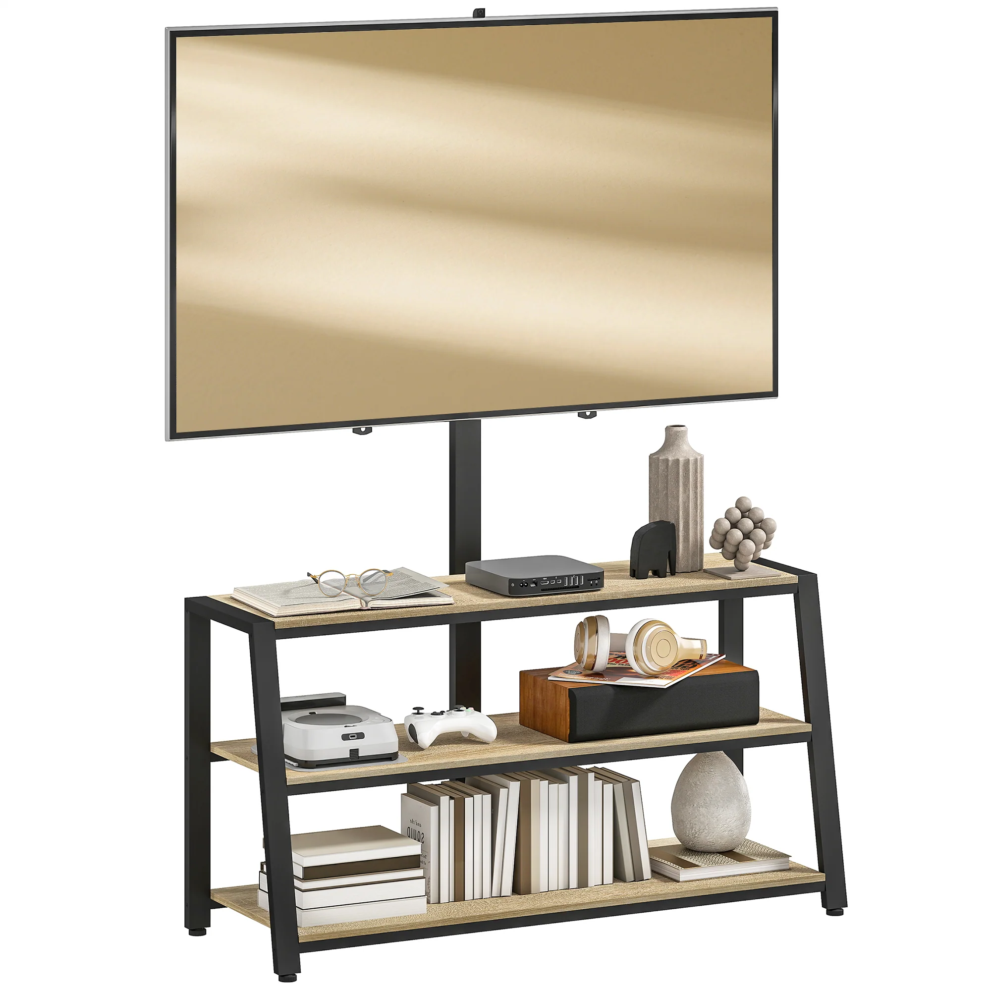 Meuble TV avec support orientable 35°, meuble télé pour téléviseurs de 32-70 pouces, étagères ouvertes, banc TV industriel pour salon chambre à coucher, 108x41x135cm, effet bois naturel - Image 11