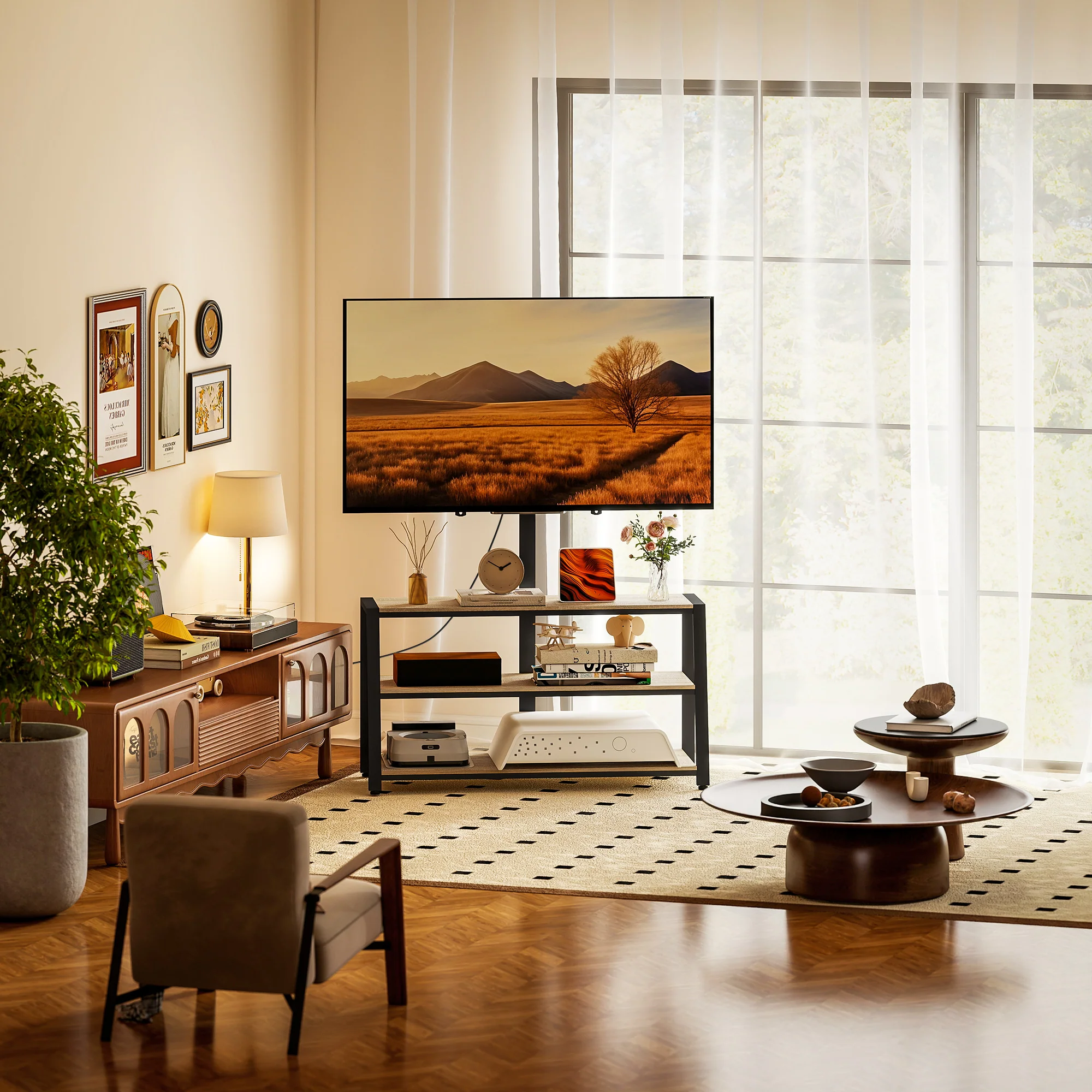Meuble TV avec support orientable 35°, meuble télé pour téléviseurs de 32-70 pouces, étagères ouvertes, banc TV industriel pour salon chambre à coucher, 108x41x135cm, effet bois naturel - Image 3