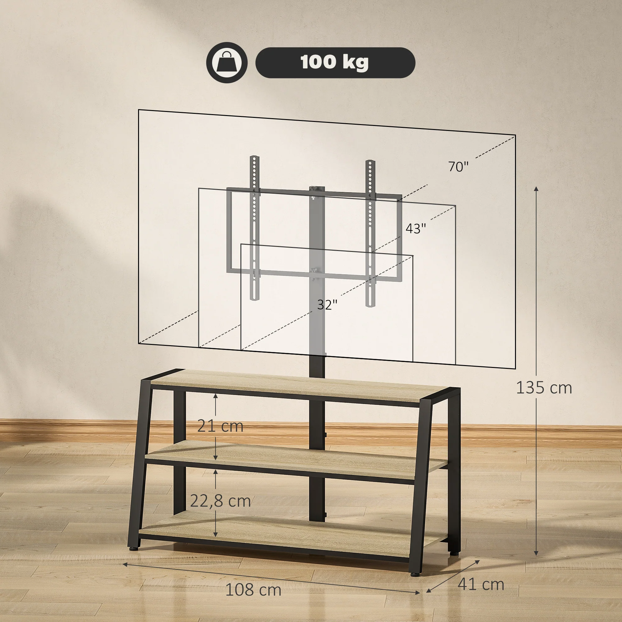 Meuble TV avec support orientable 35°, meuble télé pour téléviseurs de 32-70 pouces, étagères ouvertes, banc TV industriel pour salon chambre à coucher, 108x41x135cm, effet bois naturel - Image 4
