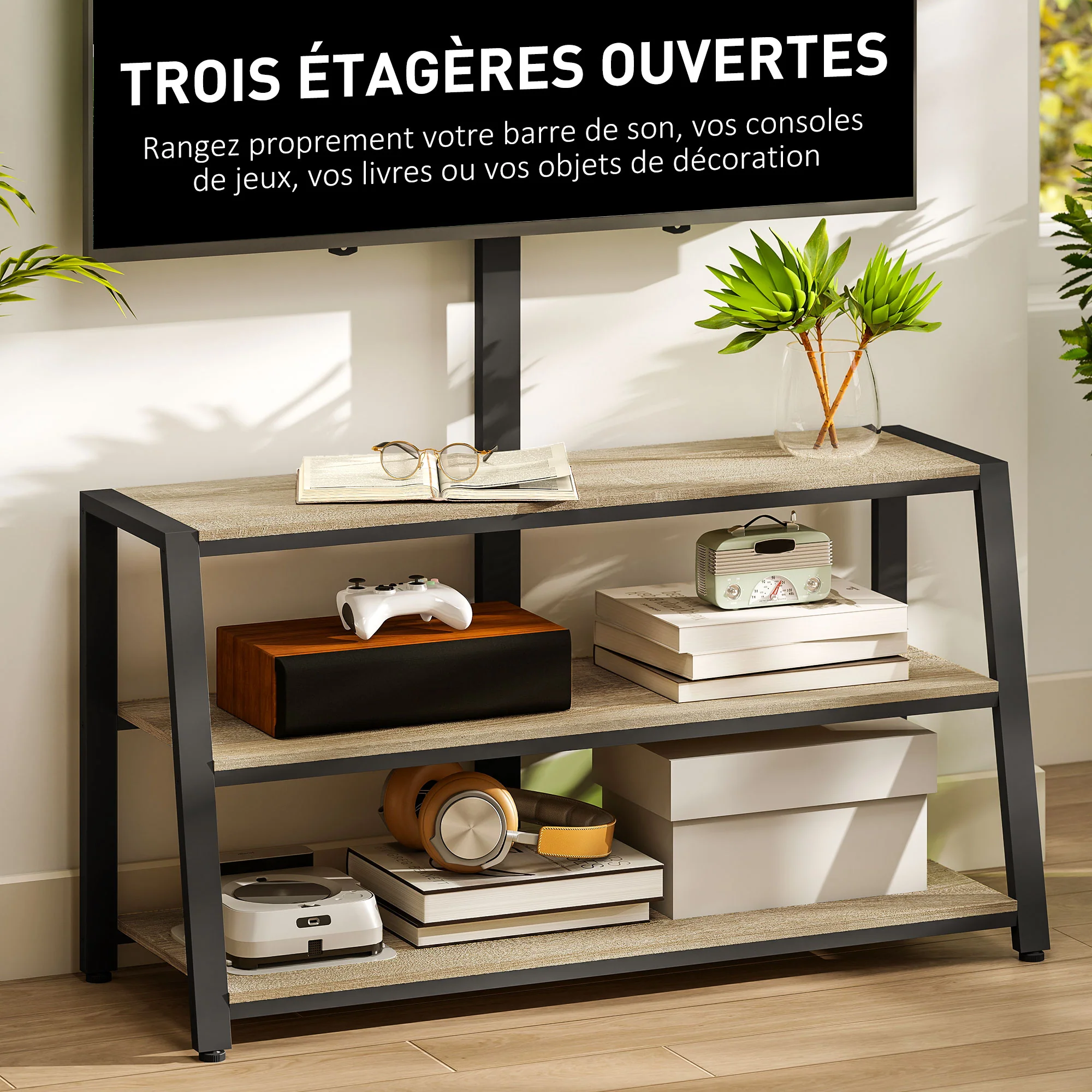 Meuble TV avec support orientable 35°, meuble télé pour téléviseurs de 32-70 pouces, étagères ouvertes, banc TV industriel pour salon chambre à coucher, 108x41x135cm, effet bois naturel - Image 6